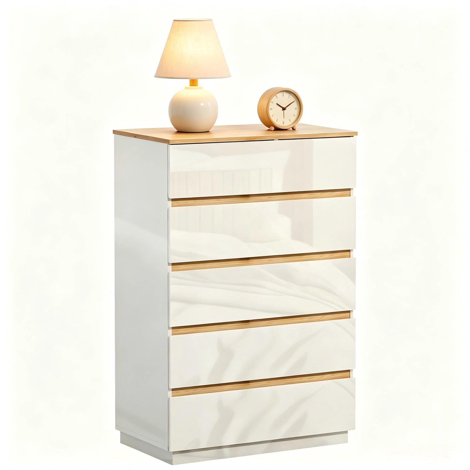 5-Drawer Chest of Drawers Color Block Dresser, 29.92x15.75x44.88in Particleboard Bedside Storage Cabinet with High-Gloss White Oak Finish view 6