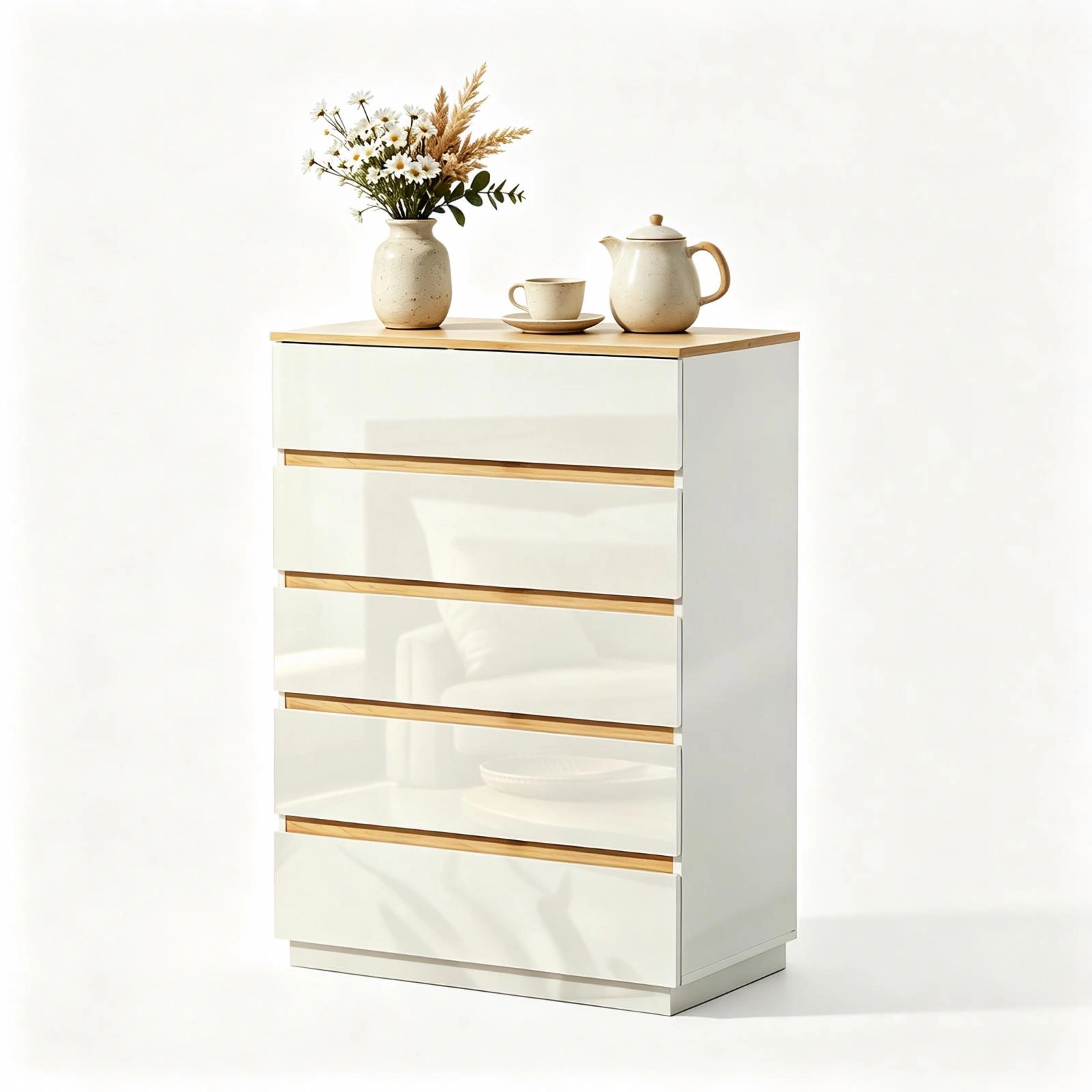 5-Drawer Chest of Drawers Color Block Dresser, 29.92x15.75x44.88in Particleboard Bedside Storage Cabinet with High-Gloss White Oak Finish view 7