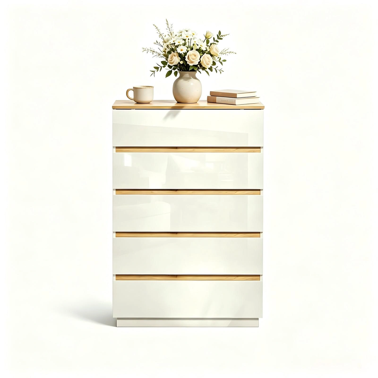 5-Drawer Chest of Drawers Color Block Dresser, 29.92x15.75x44.88in Particleboard Bedside Storage Cabinet with High-Gloss White Oak Finish view 8