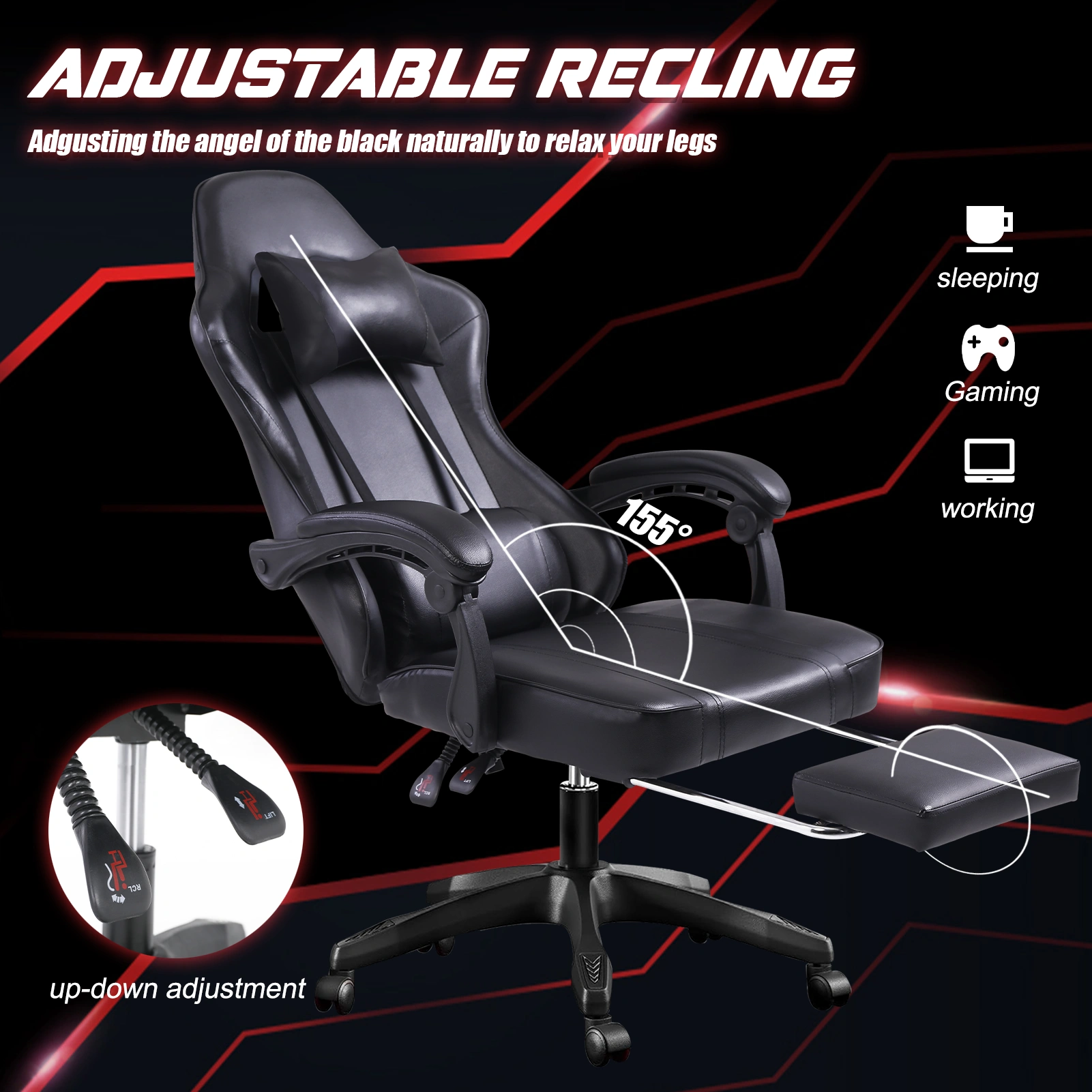 Ergonomic Gaming Chair with Footrest - High Back Recliner Computer Desk Chair for Heavy Adults, Adjustable Lumbar, 360 Swivel, PU Leather, Black view 3