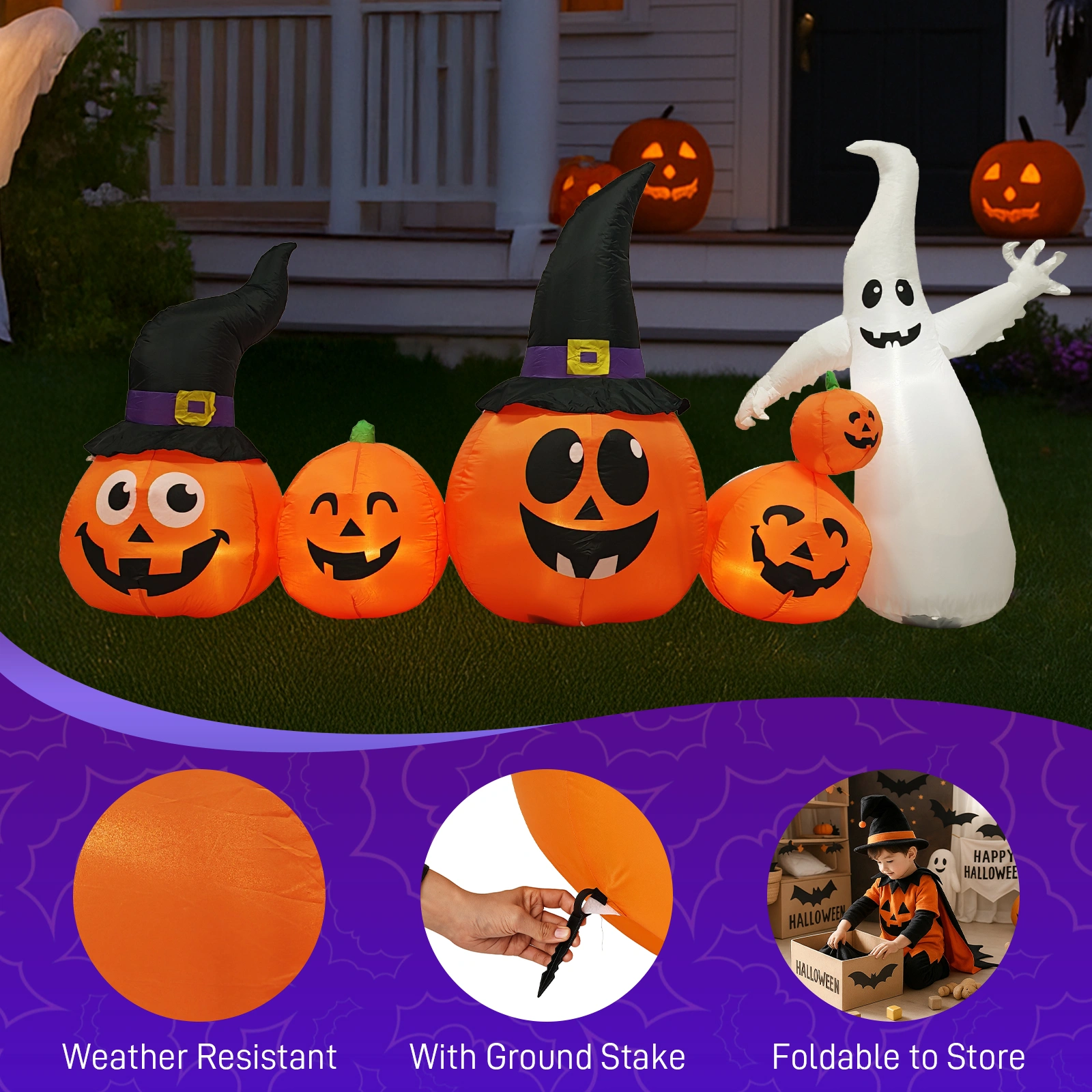 8FT Long Halloween Inflatables Pumpkins Ghost Outdoor Decorations, Blow Up Yard Decoration with Built-in LEDs Lighted for Lawn Garden Outside Indoor Decor view 8