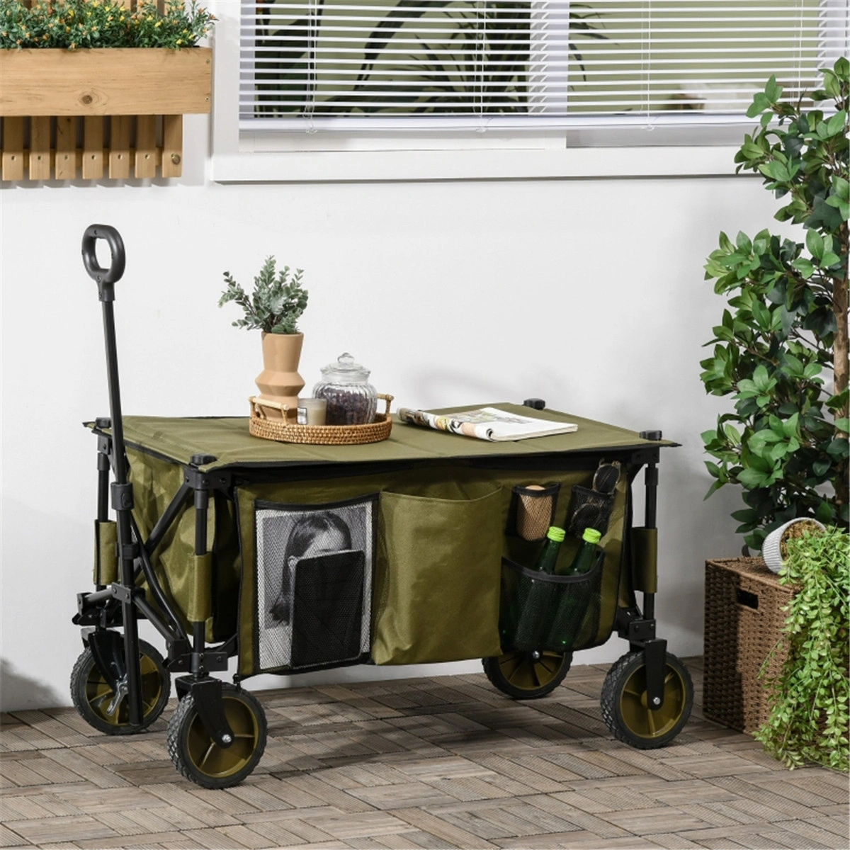 2 cu ft Garden Cart Heavy Duty Utility Wagon, Foldable Metal Frame Landscape Cart with Pneumatic Tires, Yard Truck for Mulch Soil Lawn Sand Gravel, 200lb Capacity, Black