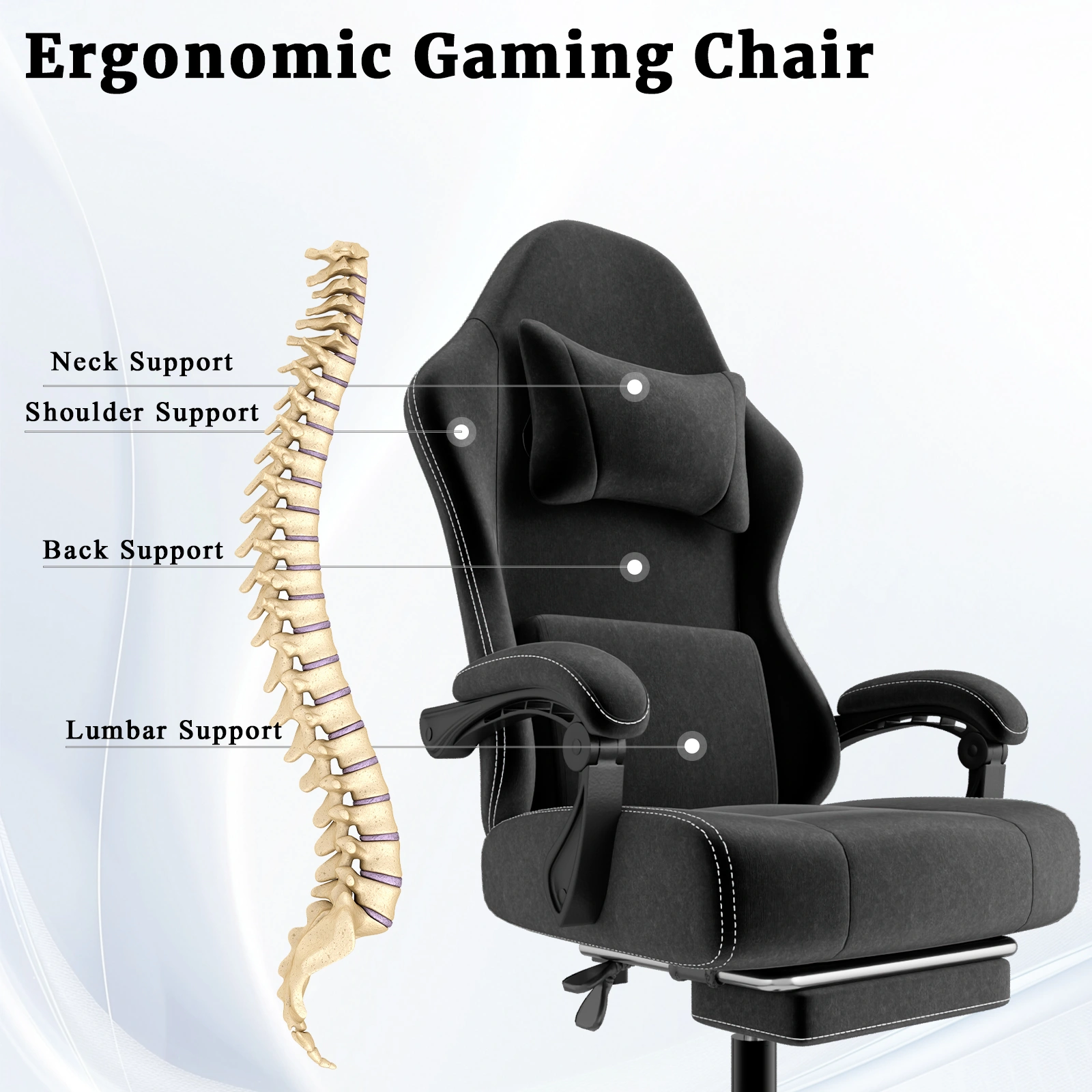 Ergonomic Gaming Chair with Massage Lumbar Support & Footrest, Height Adjustable Fabric Computer Chair, Pocket Spring Cushion Video Game Chair view 4