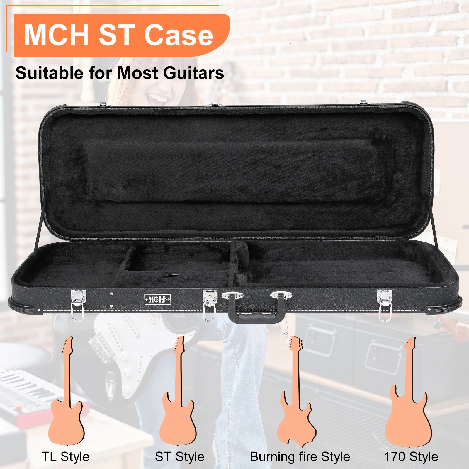 Electric Guitar Square Hard Case with Protective Sleeve Fits ST TL Burning fire 170 Style Electric Guitar Blac view 4
