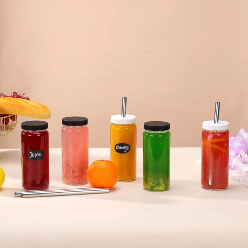 4 Pack 16oz Glass Juice Bottles with Lids and Straws Reusable Smoothie Cup Set view 3