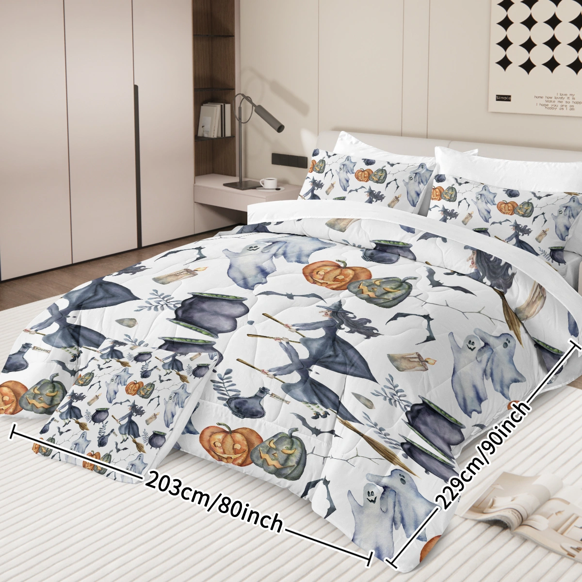 8PCS Halloween Comforter Set Bed in a Bag, Witch Pattern King Size Bedding Set with 1 Comforter, 2 Pillow Shams, Sheets & Cushion Cover view 10