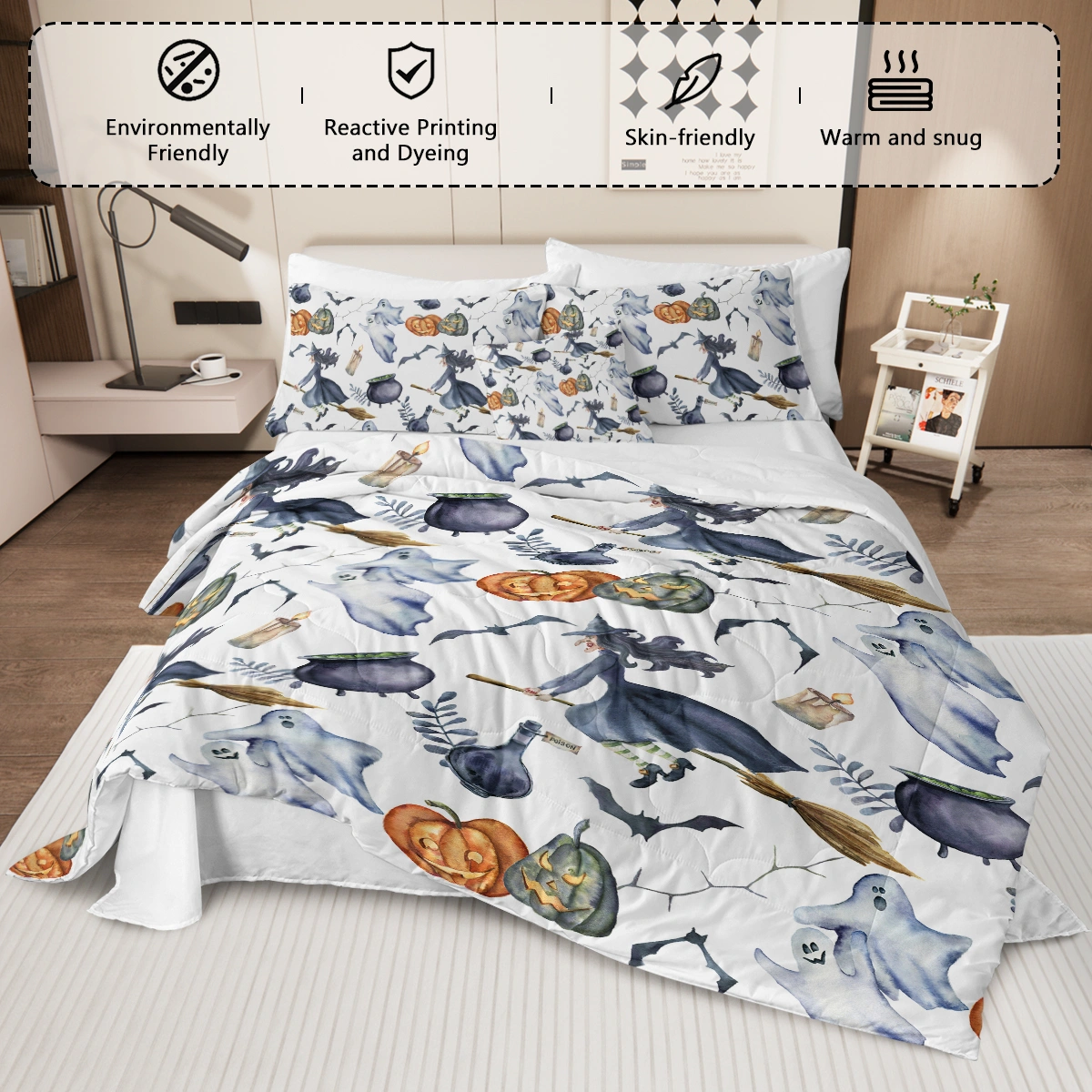8PCS Halloween Comforter Set Bed in a Bag, Witch Pattern King Size Bedding Set with 1 Comforter, 2 Pillow Shams, Sheets & Cushion Cover view 3