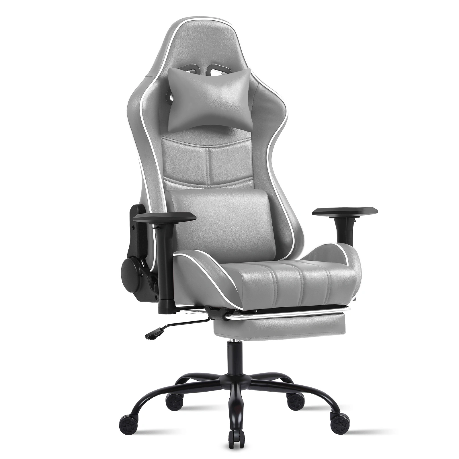 Gaming Chair for Adults, Ergonomic PU Leather Computer Chair with Adjustable Lumbar & Footrest, 360° Swivel Office Desk Chair, Light Gray