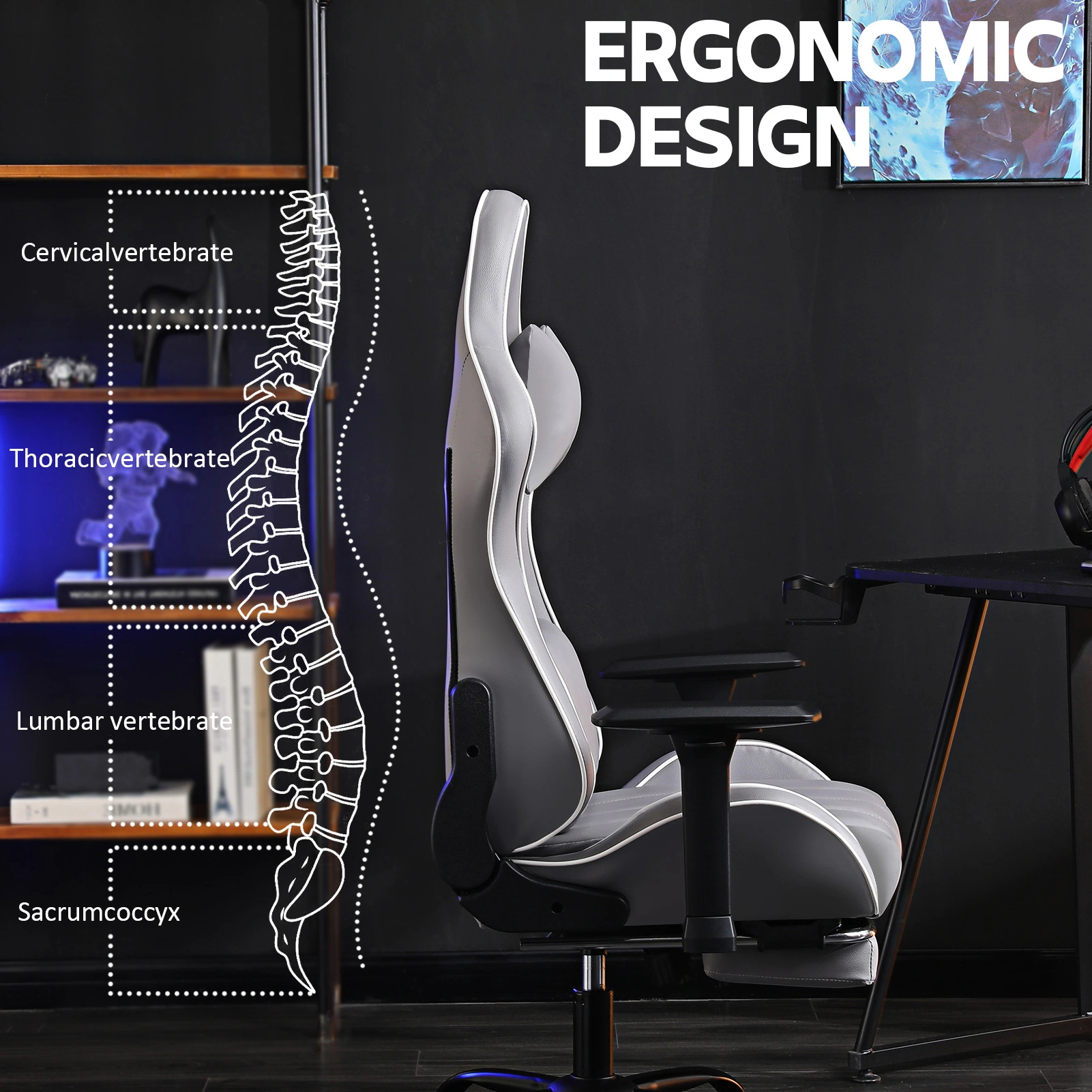 Gaming Chair for Adults, Ergonomic PU Leather Computer Chair with Adjustable Lumbar & Footrest, 360° Swivel Office Desk Chair, Light Gray view 2
