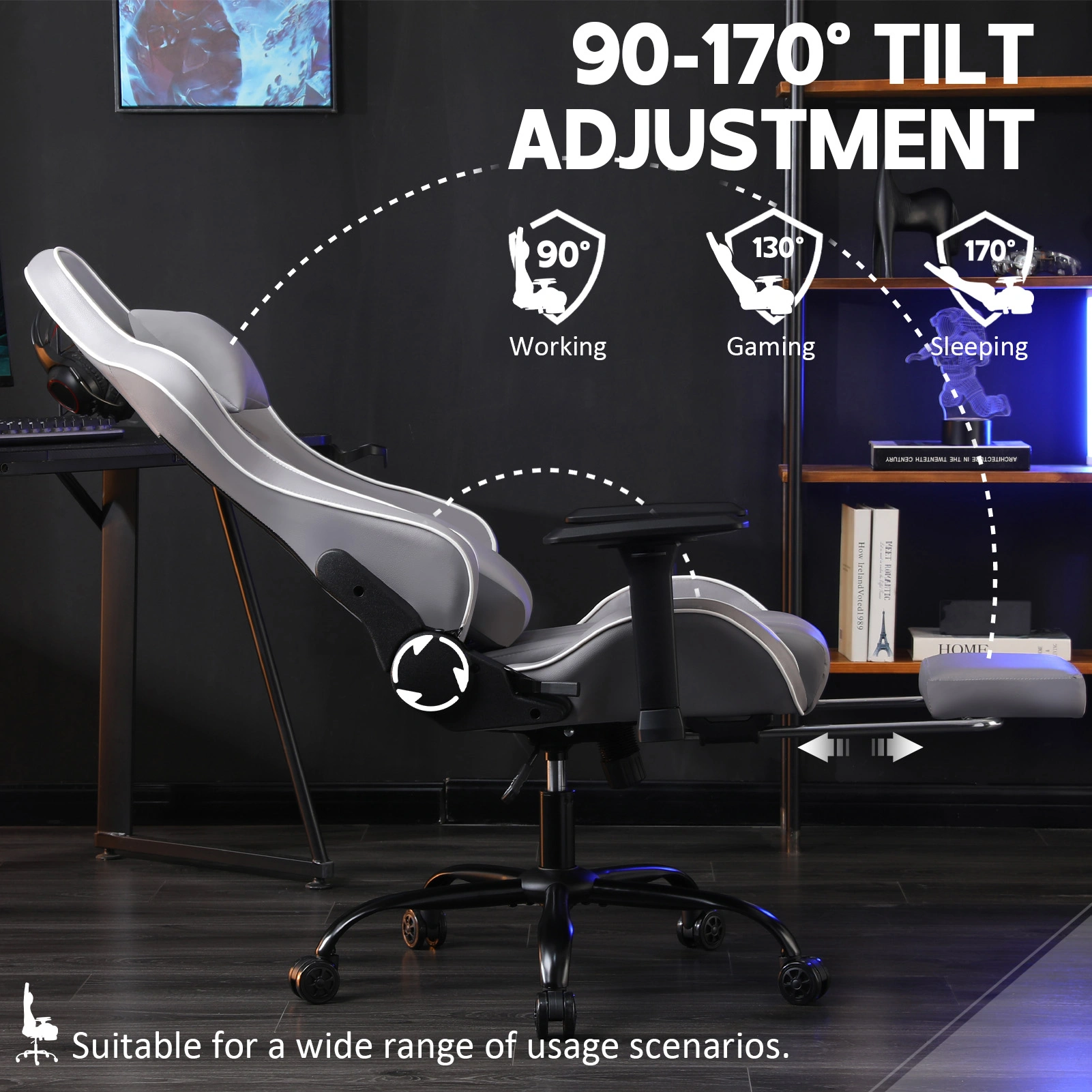 Gaming Chair for Adults, Ergonomic PU Leather Computer Chair with Adjustable Lumbar & Footrest, 360° Swivel Office Desk Chair, Light Gray view 3