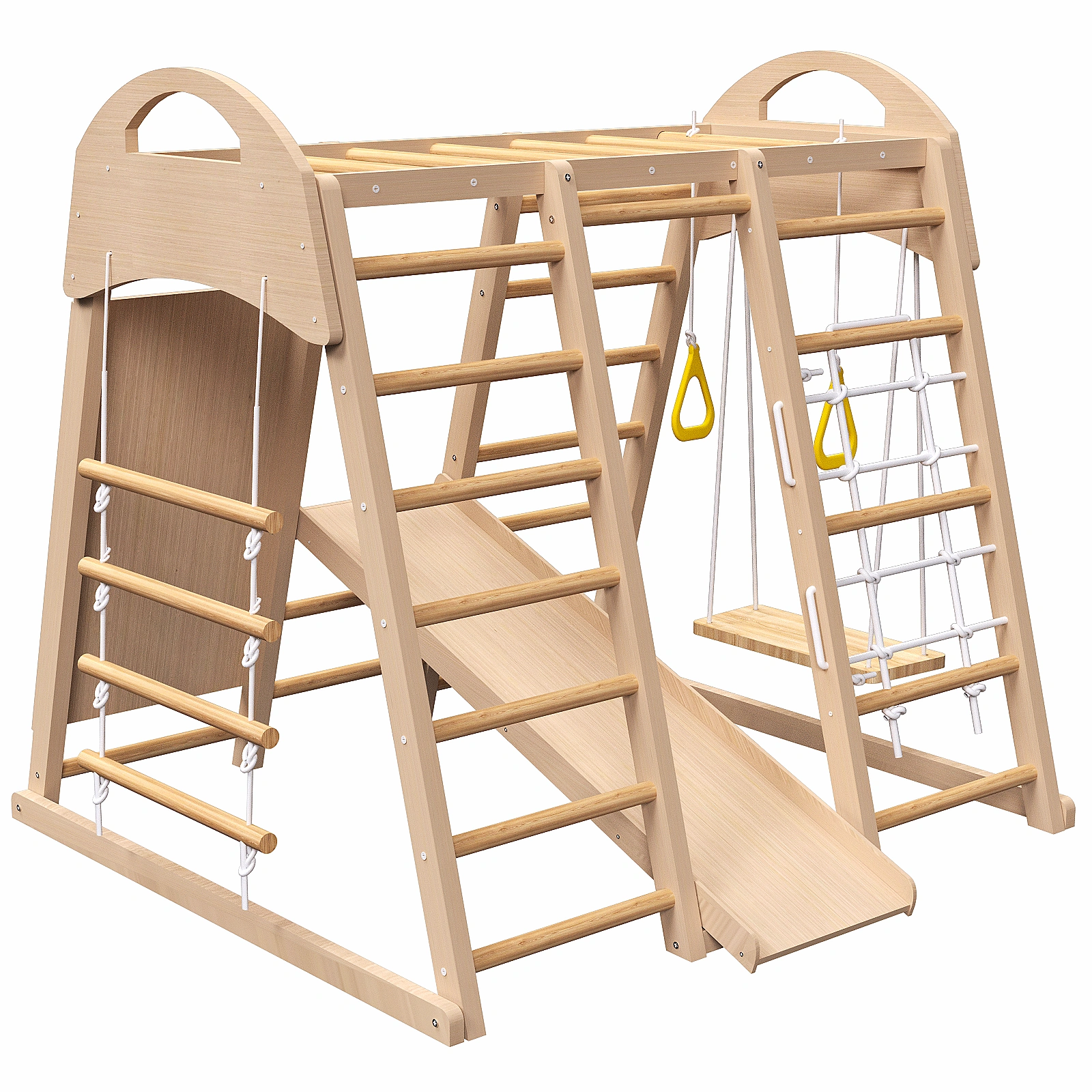 Indoor Wooden Jungle Gym 7-in-1 Playset for Kids 2-6 Years, Slide Climbing Wall Rope Climber Monkey Bars Swing, Waldorf Montessori Style