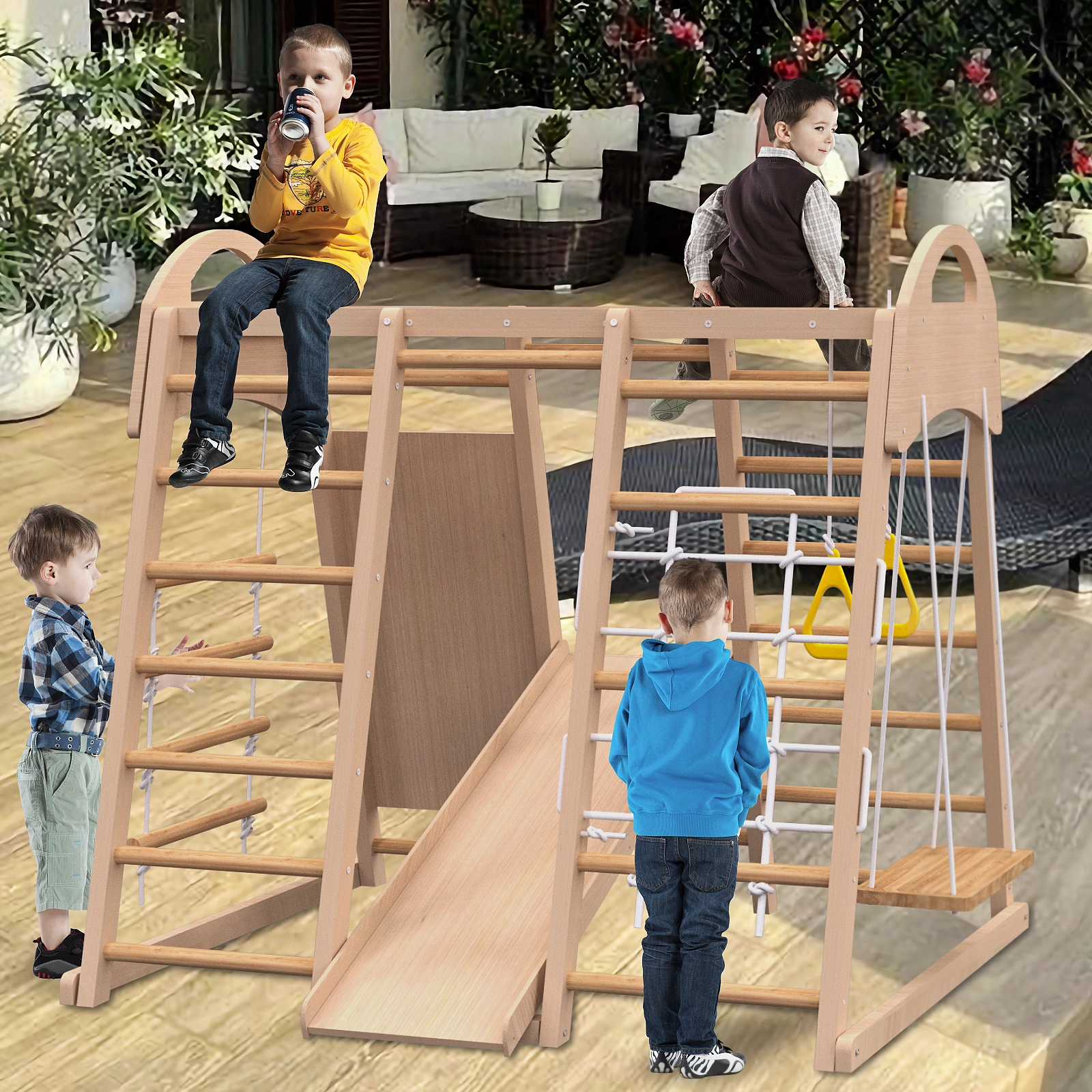 Indoor Wooden Jungle Gym 7-in-1 Playset for Kids 2-6 Years, Slide Climbing Wall Rope Climber Monkey Bars Swing, Waldorf Montessori Style view 2
