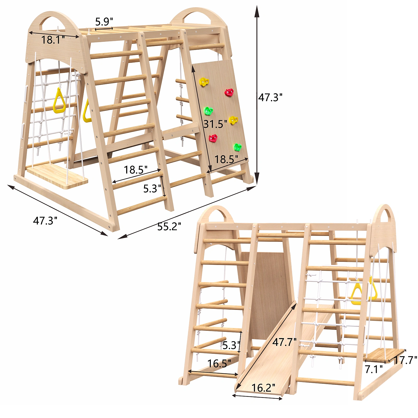 Indoor Wooden Jungle Gym 7-in-1 Playset for Kids 2-6 Years, Slide Climbing Wall Rope Climber Monkey Bars Swing, Waldorf Montessori Style view 4