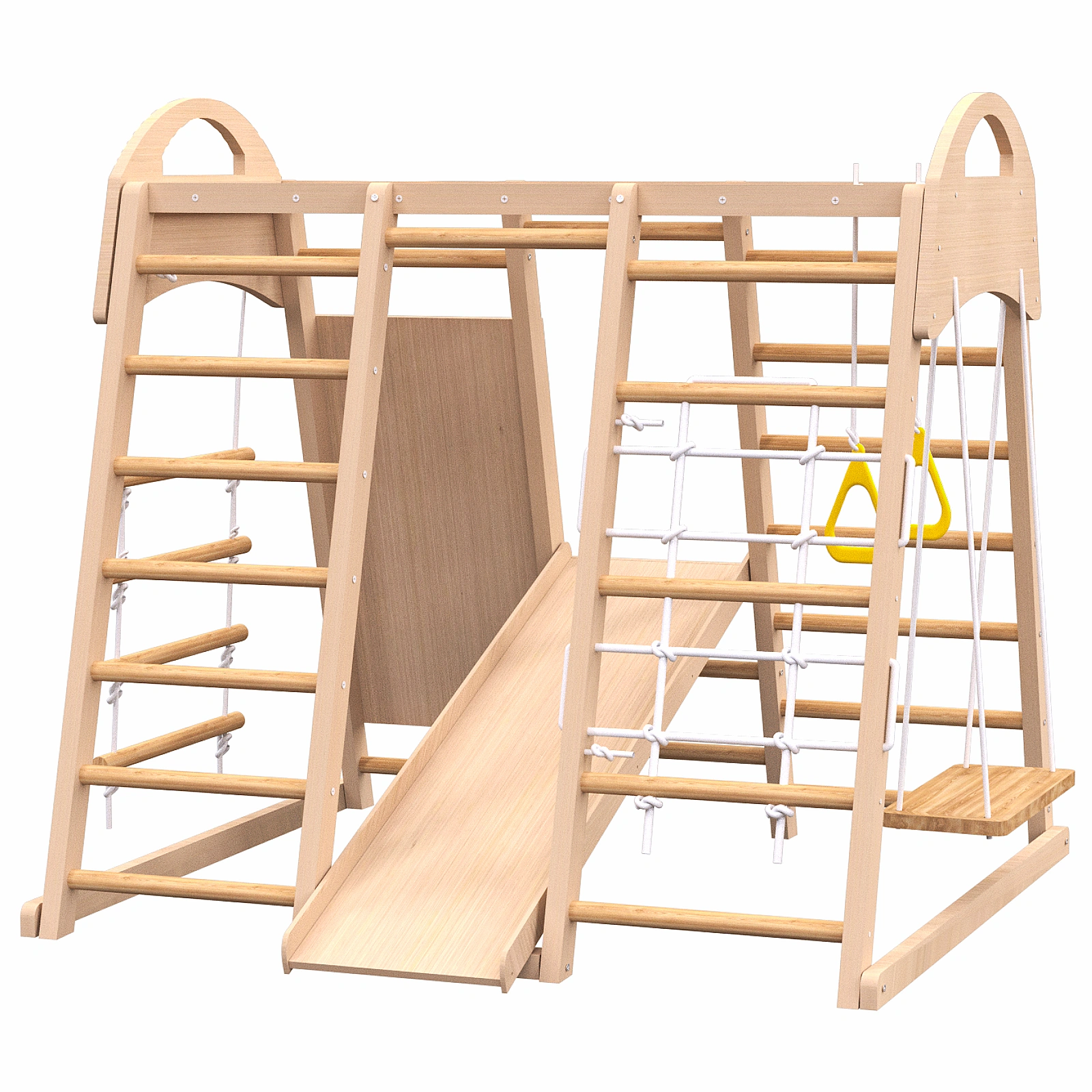 Indoor Wooden Jungle Gym 7-in-1 Playset for Kids 2-6 Years, Slide Climbing Wall Rope Climber Monkey Bars Swing, Waldorf Montessori Style view 5