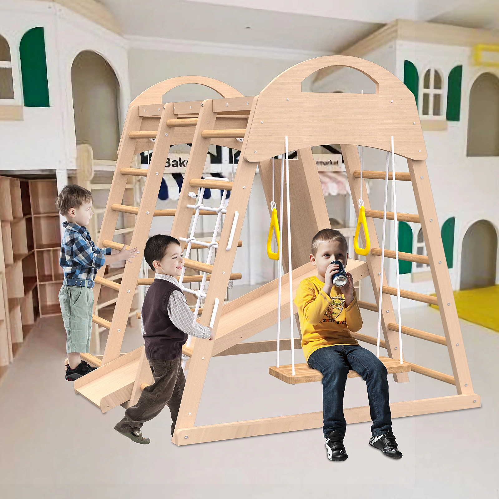 Indoor Wooden Jungle Gym 7-in-1 Playset for Kids 2-6 Years, Slide Climbing Wall Rope Climber Monkey Bars Swing, Waldorf Montessori Style view 6