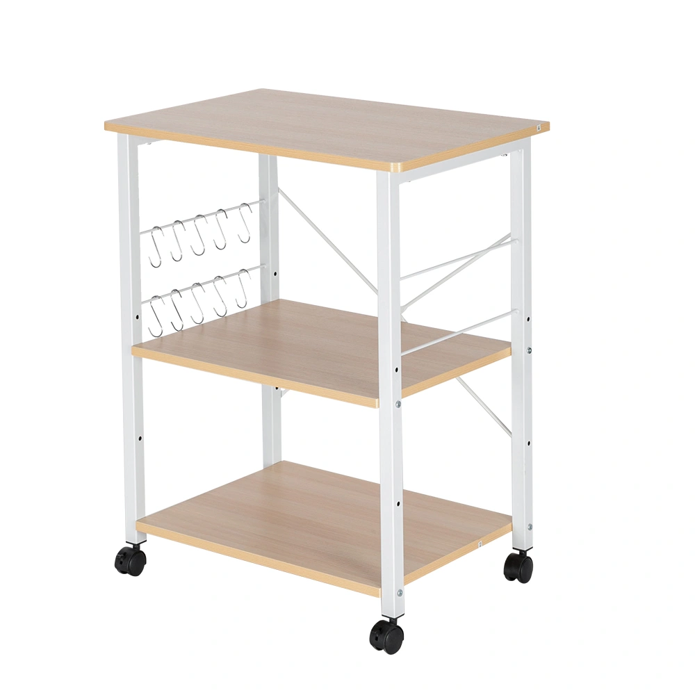 Baker's Rack 3-Tier Kitchen Utility Microwave Oven Stand Storage Cart Workstation ShelfLight Beige Top White Metal Frame