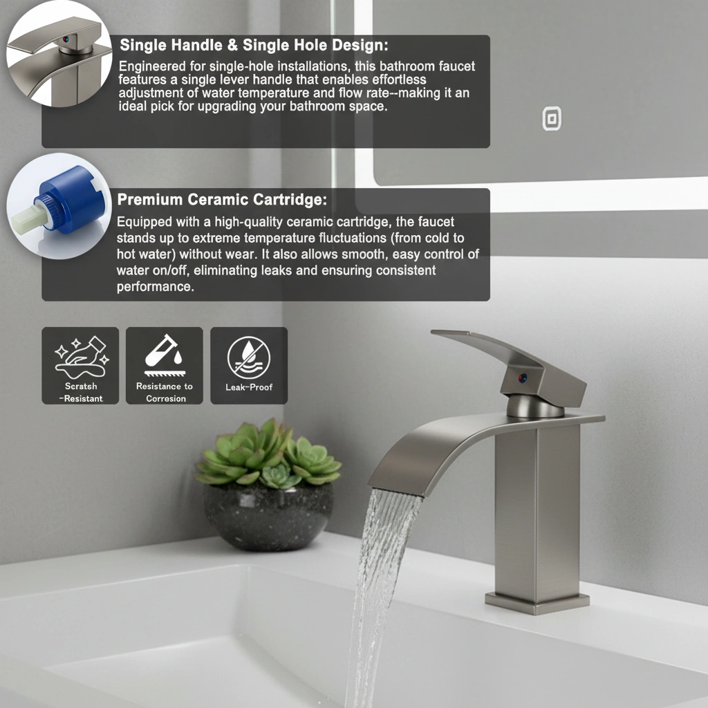Brushed Nickel Single Handle Bathroom Faucet, Stainless Steel Lavatory Faucet, Single Hole Mount, Model TP view 8
