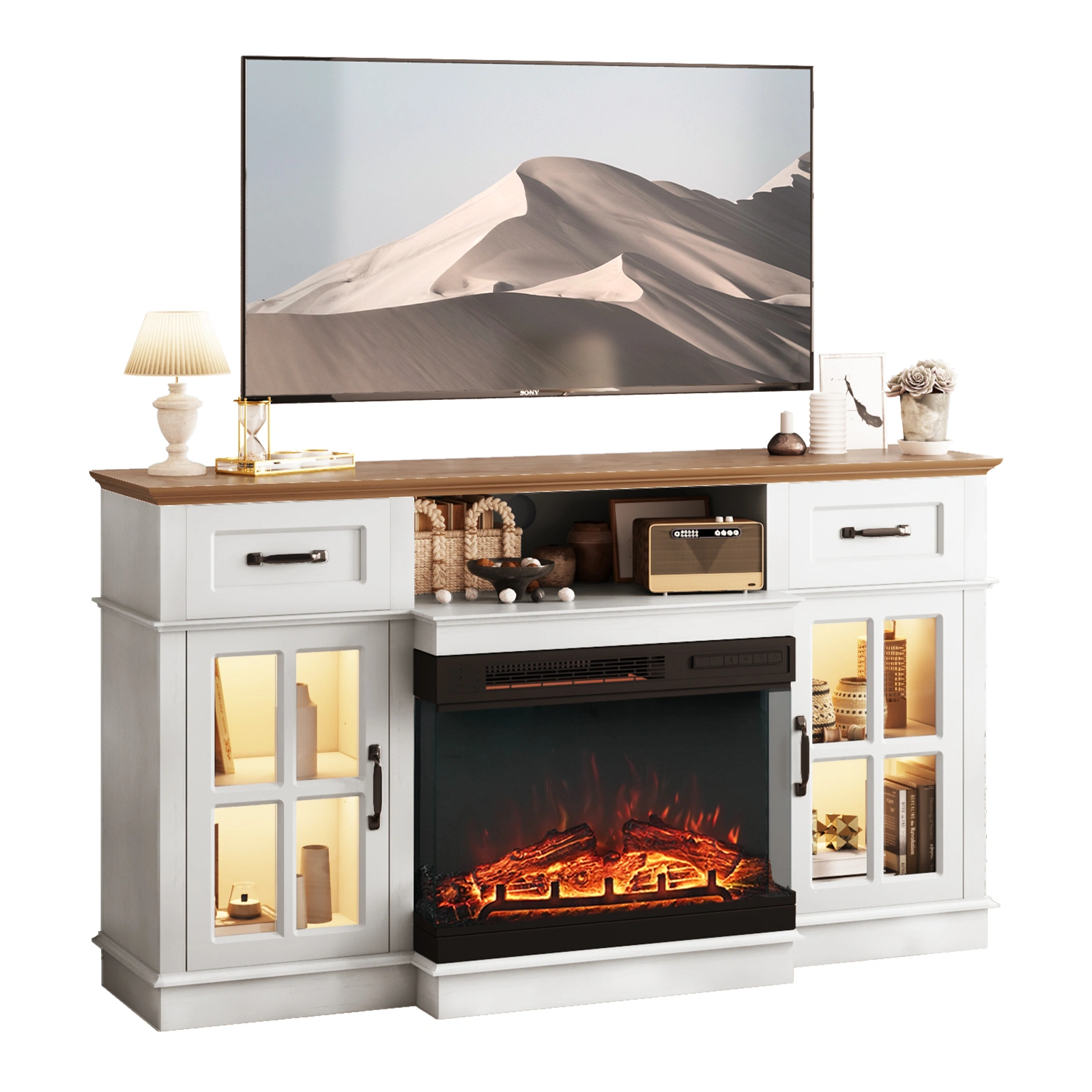 58 Inch Black Gold Oak Fireplace TV Stand with 25 Inch Insert, 2 Doors 2 Drawers & Glass Shelves, Media Console 147.4 x 45 x 80 cm