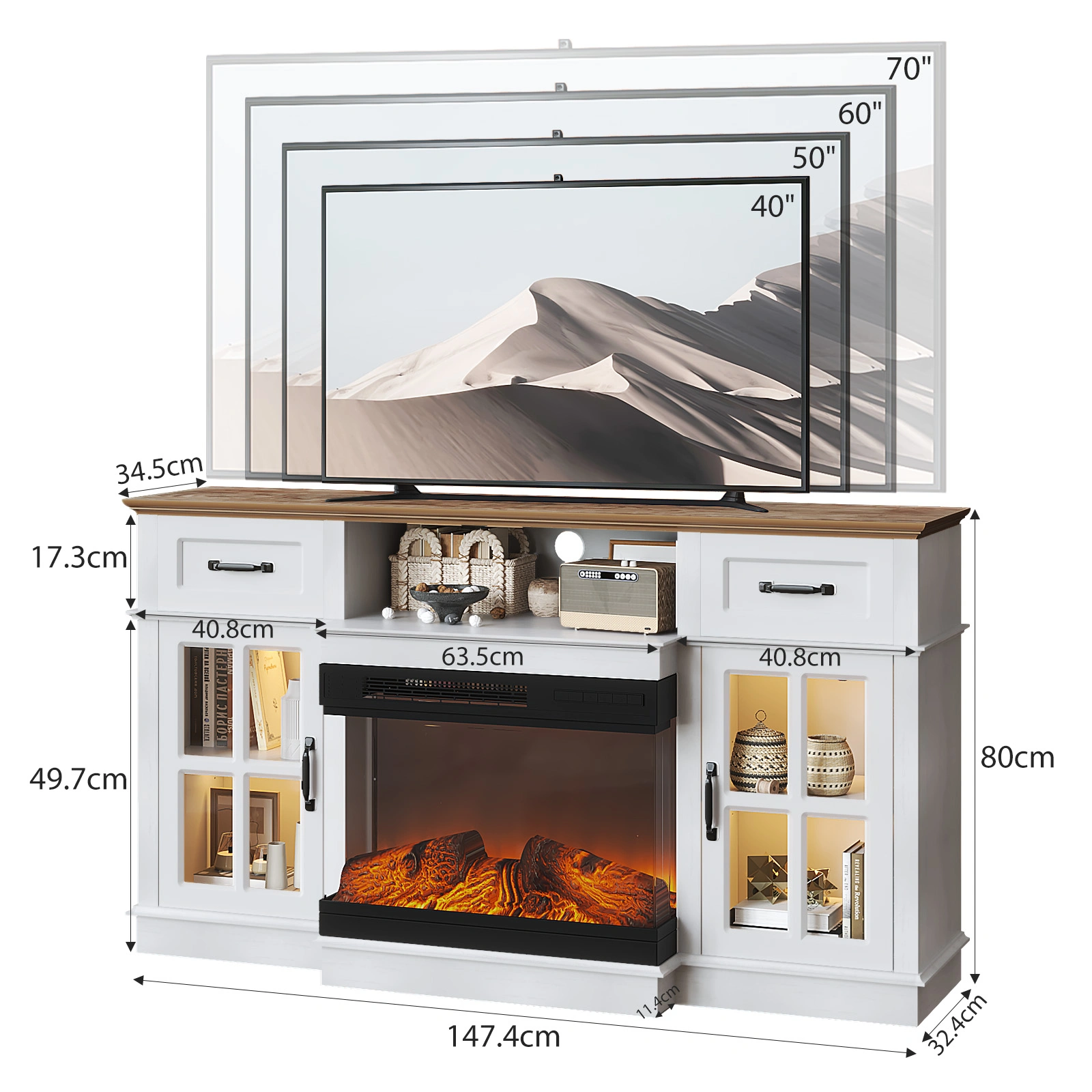 58 Inch Black Gold Oak Fireplace TV Stand with 25 Inch Insert, 2 Doors 2 Drawers & Glass Shelves, Media Console 147.4 x 45 x 80 cm view 3