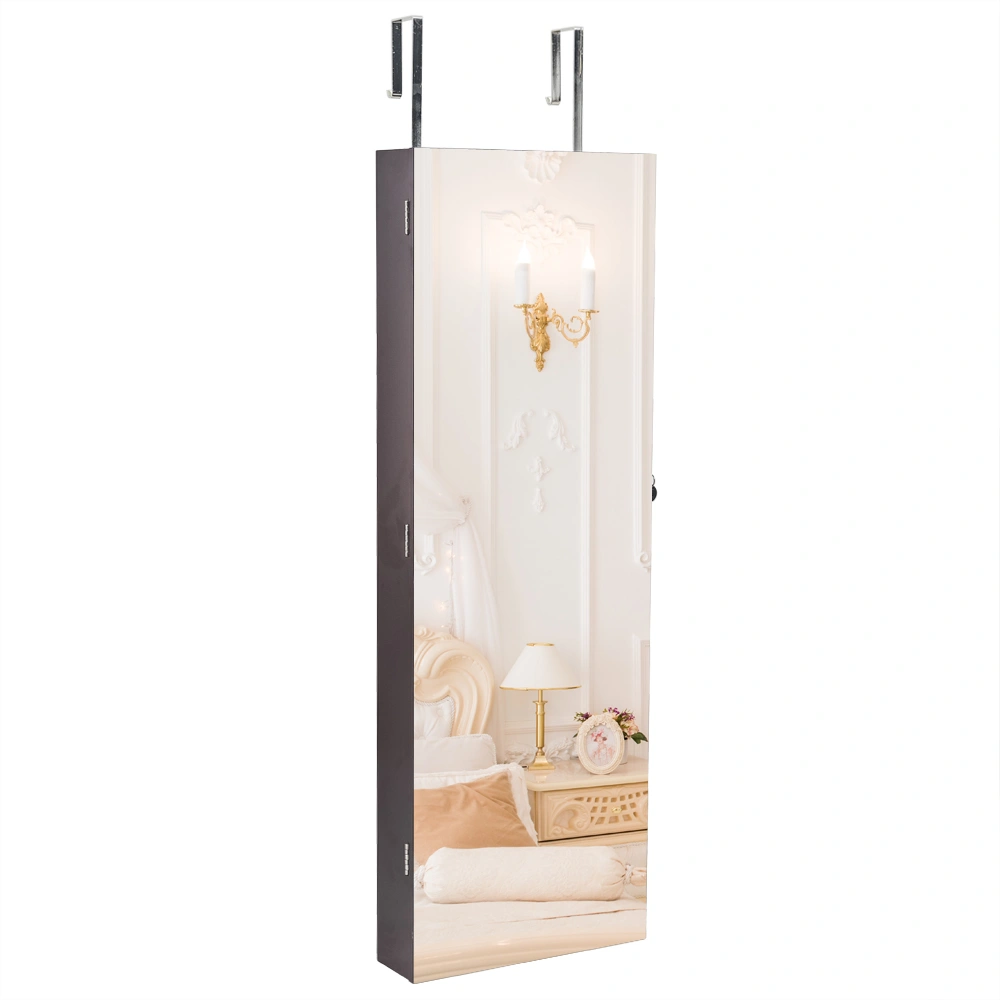 Dark Brown Wall Mounted Full Mirror Wooden Cabinet, 5-Layer Shelf Jewelry Storage Organizer with 2 Drawers, Hanging Mirror Closet
