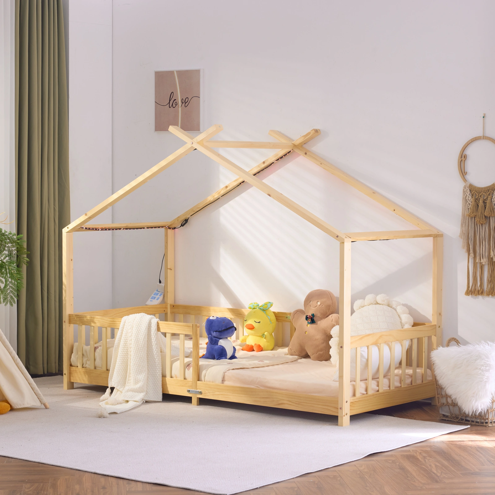 Kids Castle Bed Frame X-Shaped Roof House Tent Natural Wood Pine Wooden Toddler Bed 196x98x156cm