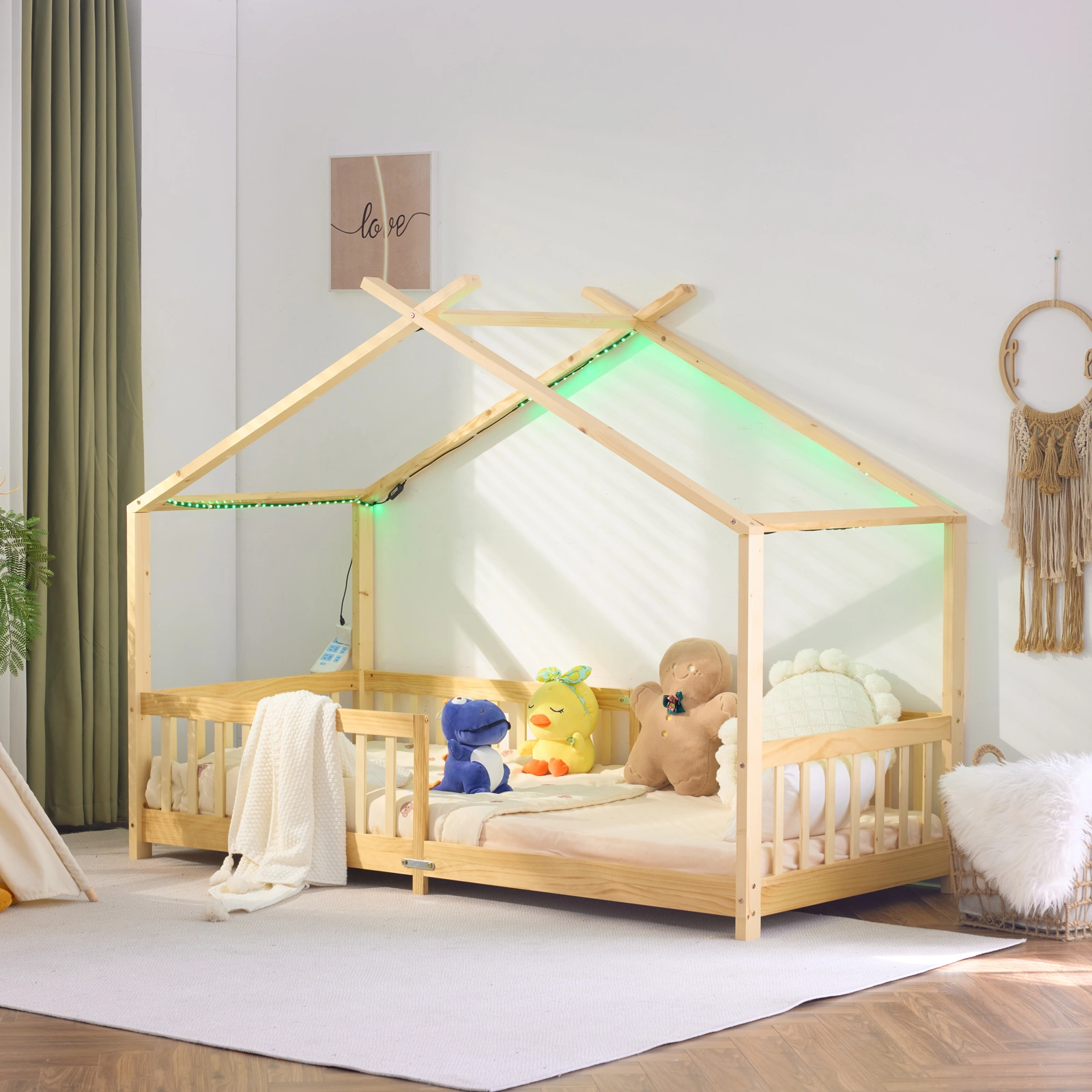 Kids Castle Bed Frame X-Shaped Roof House Tent Natural Wood Pine Wooden Toddler Bed 196x98x156cm view 2