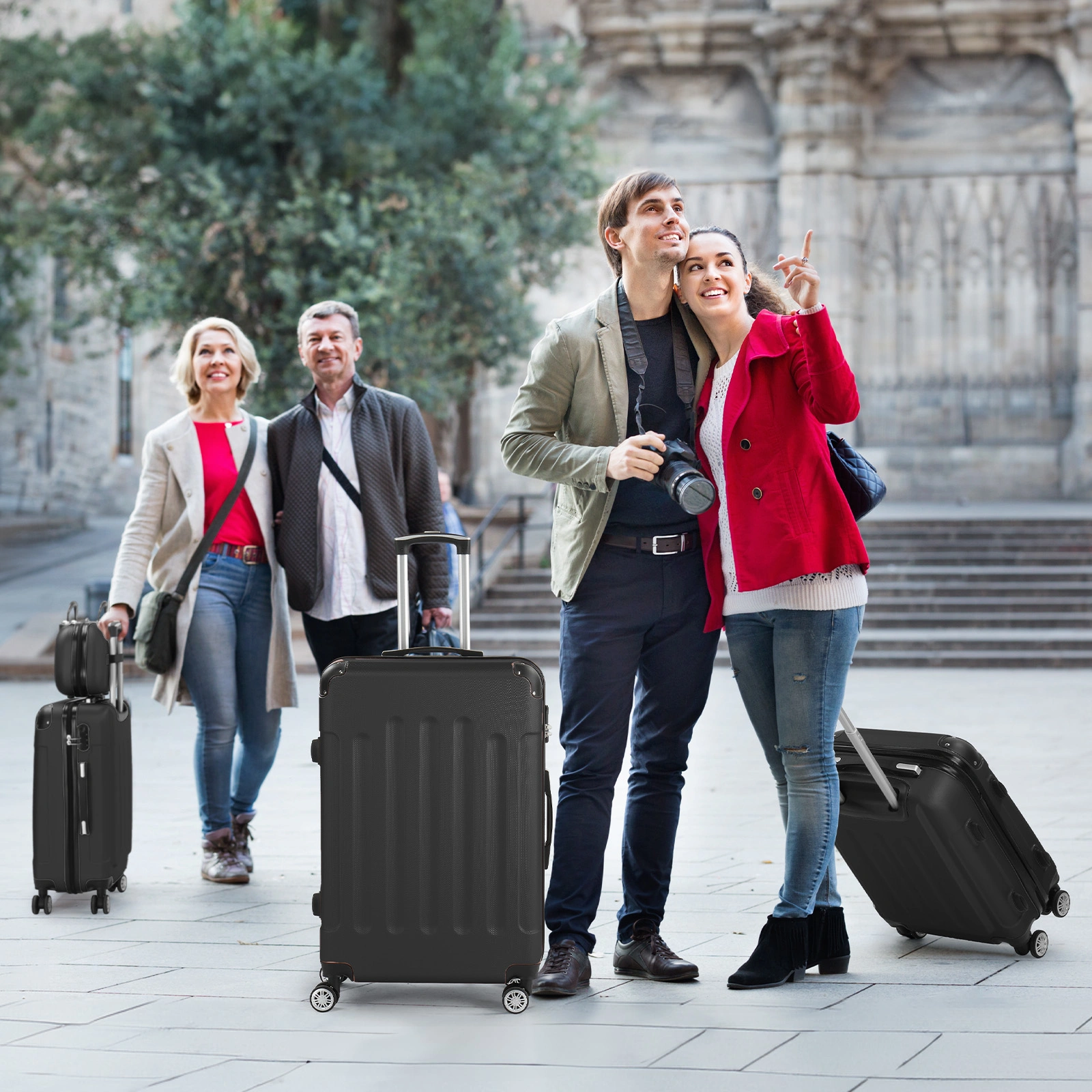 4-Piece ABS Hard Shell Suitcase Set, Telescopic Handle Trolley Luggage, Hand Carry Travel Bag, Black view 3