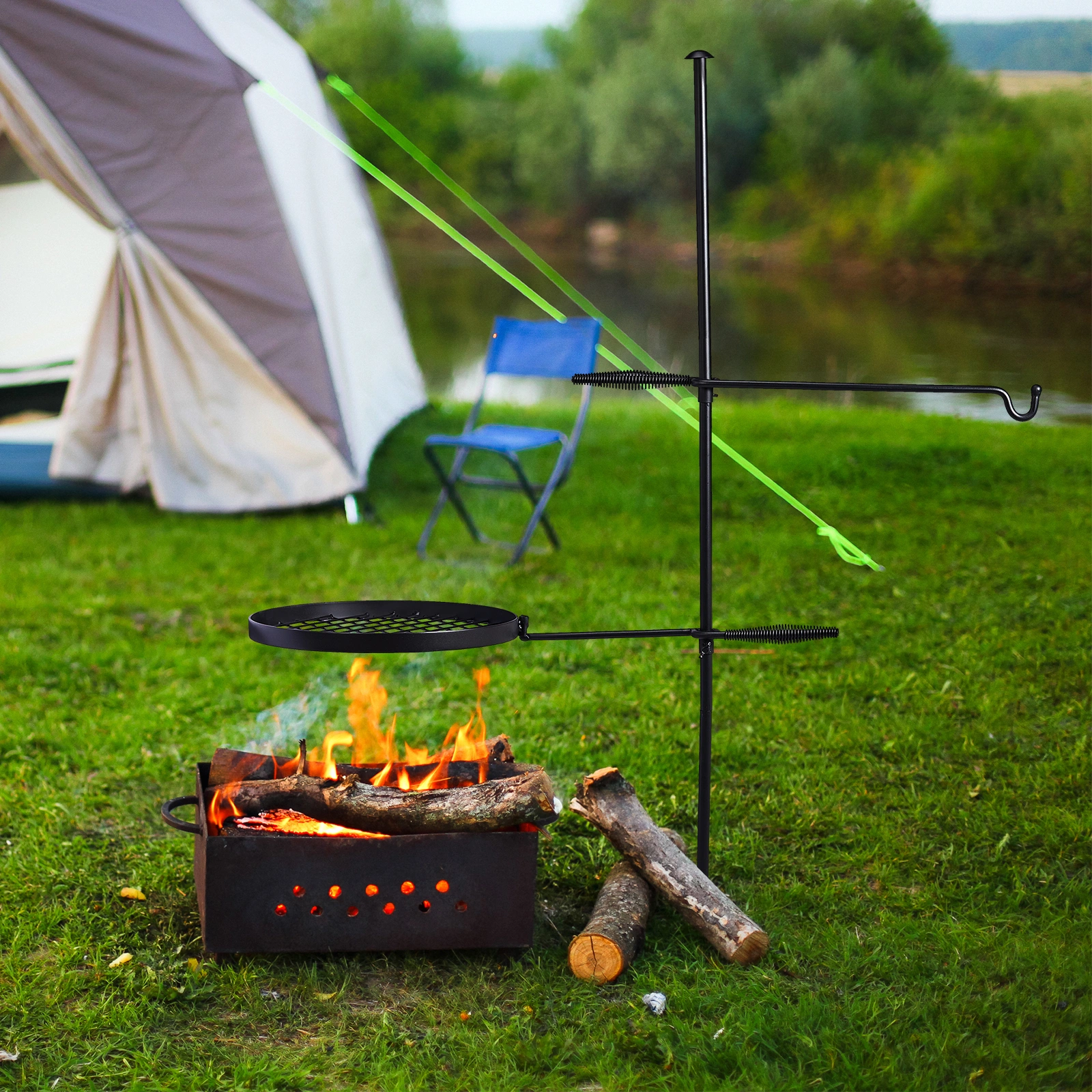 Swivel Campfire Grill, Height Adjustable Open Fire Cooking Grill with Rotating Grill Grate, Hanger Rod & Carry Bag, Portable Camping Campfire Grill, Black view 5