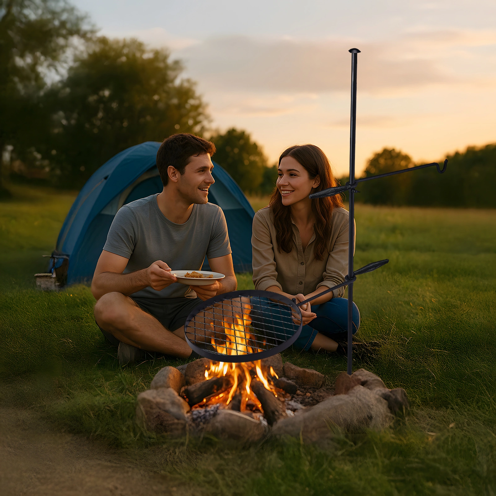 Swivel Campfire Grill, Height Adjustable Open Fire Cooking Grill with Rotating Grill Grate, Hanger Rod & Carry Bag, Portable Camping Campfire Grill, Black view 6