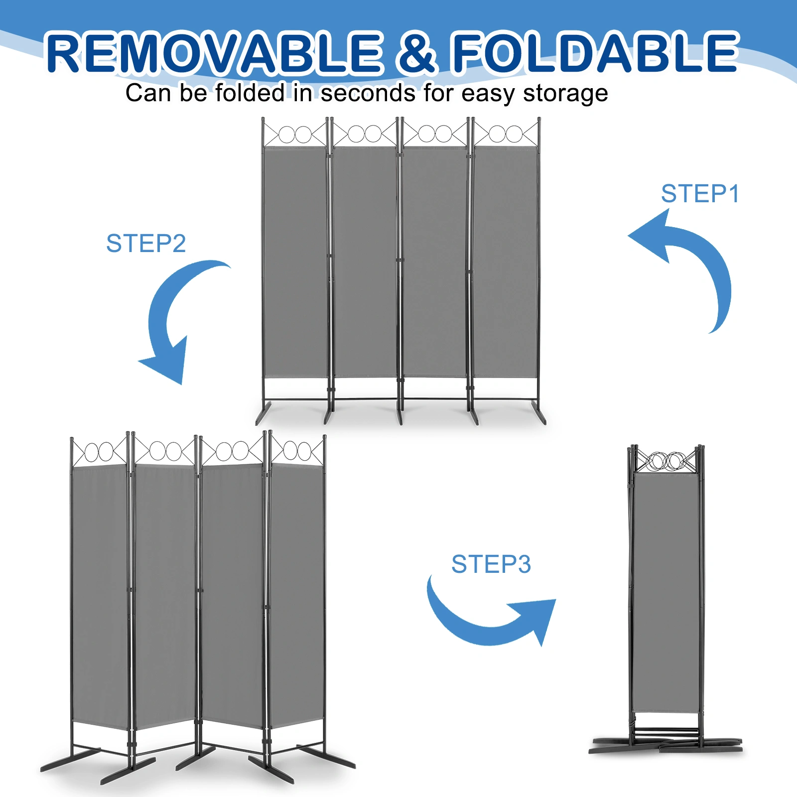 74FT 4-Fold Portable Room Divider Screen, 130g Polyester Panel, Carbon Steel Frame, Plastic Feet, Gray view 2