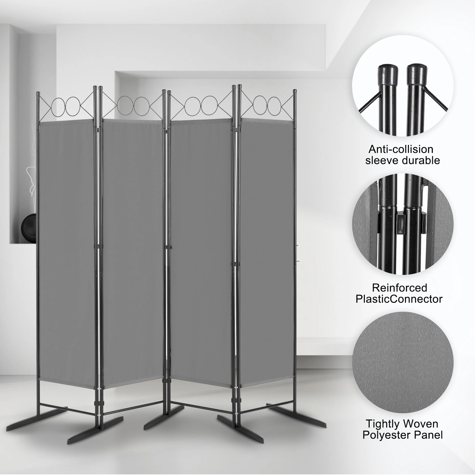 74FT 4-Fold Portable Room Divider Screen, 130g Polyester Panel, Carbon Steel Frame, Plastic Feet, Gray view 4