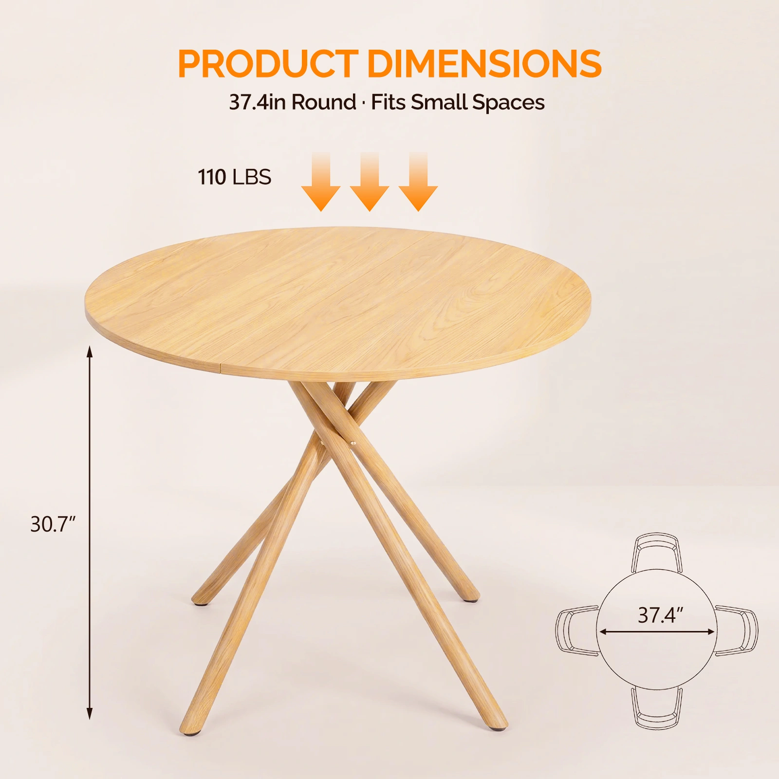 37.4 Inch Round Dining Table for 4-6 People, Cross X Metal Leg Kitchen Dinner Table with Adjustable Foot Pads, Easy Assembly Small Space Dining Room Table, Natural Wood Tone view 5