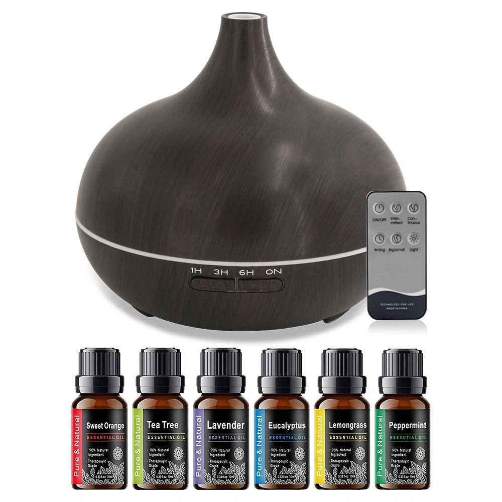 18.6oz Aromatherapy Essential Oil Diffuser Wood Grain Remote Control Ultrasonic Air Humidifier Cool 7 Color LED Light With 6 Oils