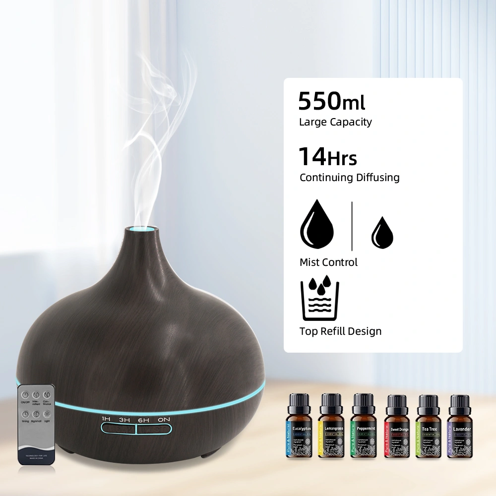 18.6oz Aromatherapy Essential Oil Diffuser Wood Grain Remote Control Ultrasonic Air Humidifier Cool 7 Color LED Light With 6 Oils view 4
