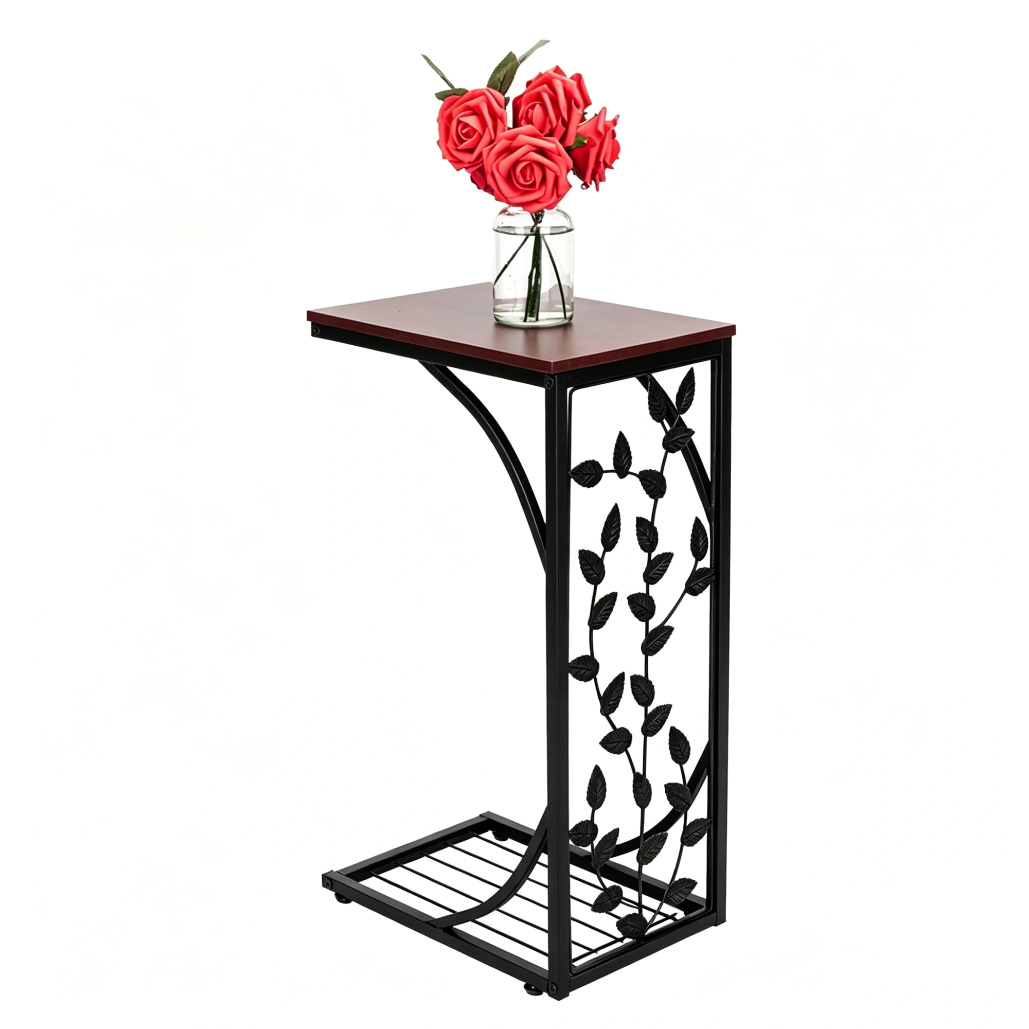 Brown Iron Side Table 54x30.5x21CM, Leaf Pattern Metal Coffee Table, Vintage Decor Accent Table view 3