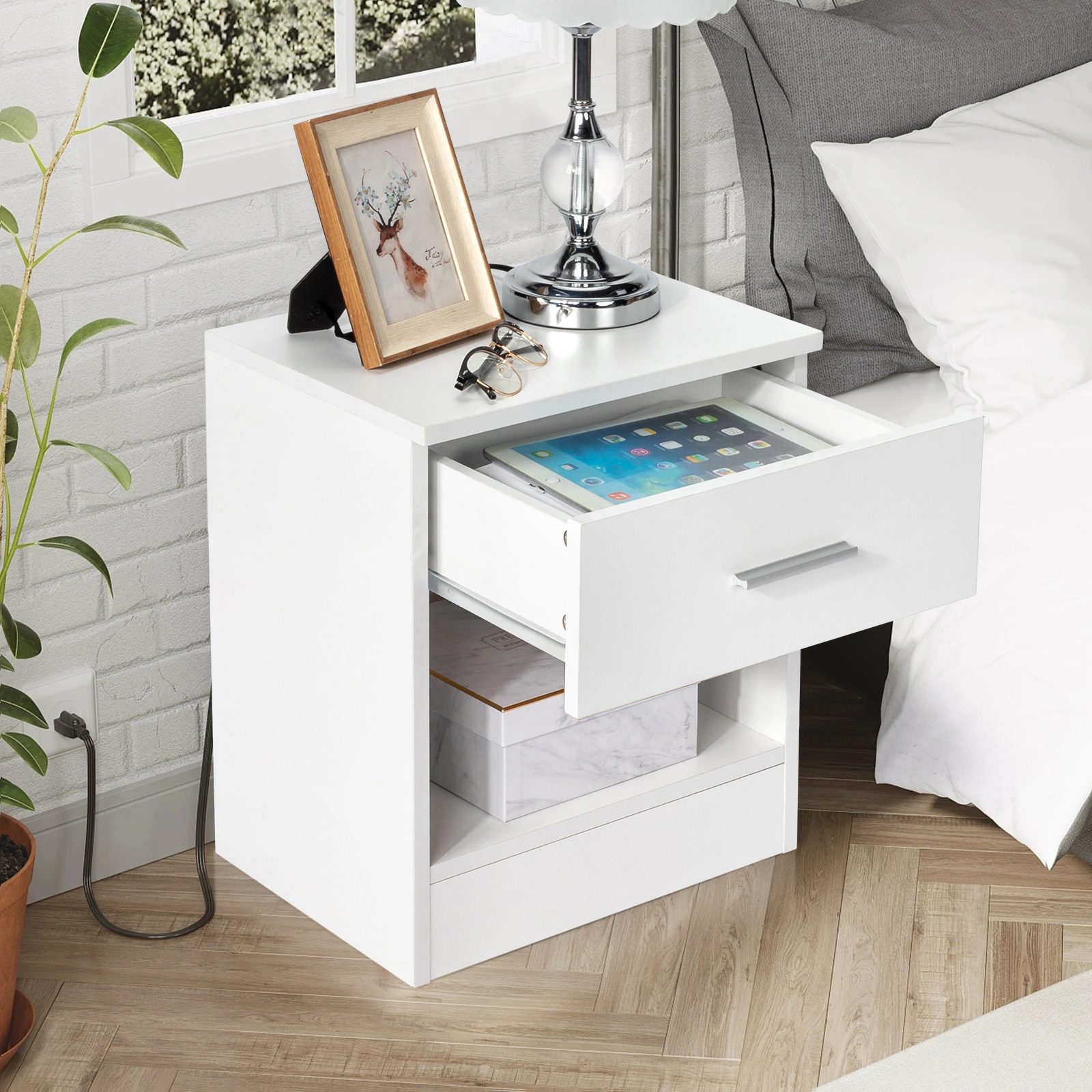 2-Tier Nightstand Bedside Cabinet End Table for Bedroom Home Office White view 2