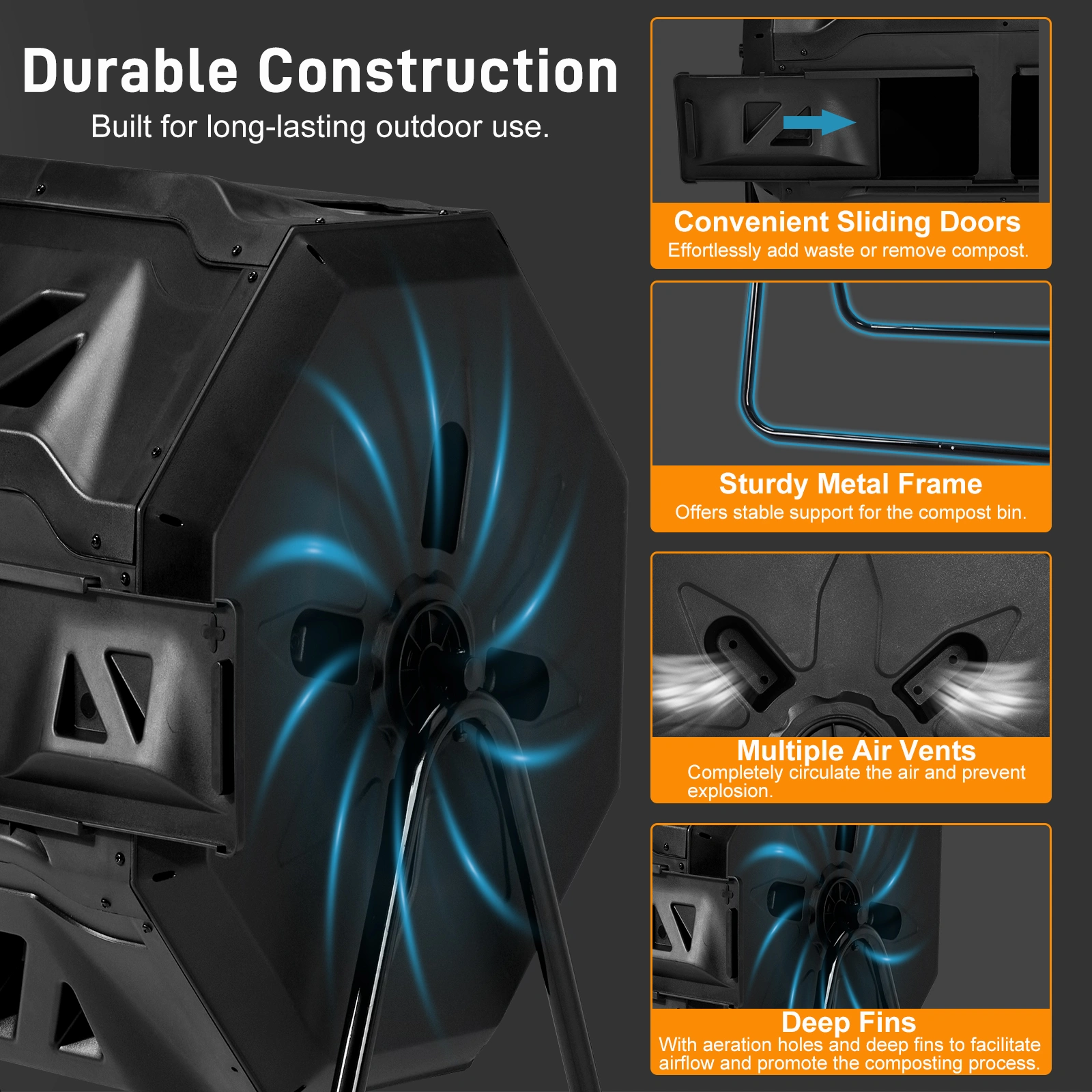 Outdoor Compost Tumbler Dual Chamber, Outdoor Tumbling Composter Dual Rotating Batch Compost Bin, 42 Gallon, Black view 8
