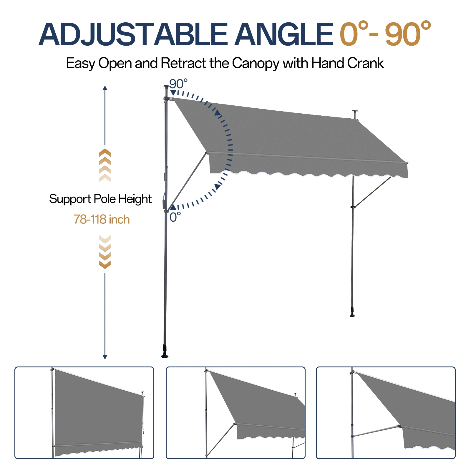 118.1"D x 47.2"W x(78.7 -118.1)"H Retractable Awning Grey view 10