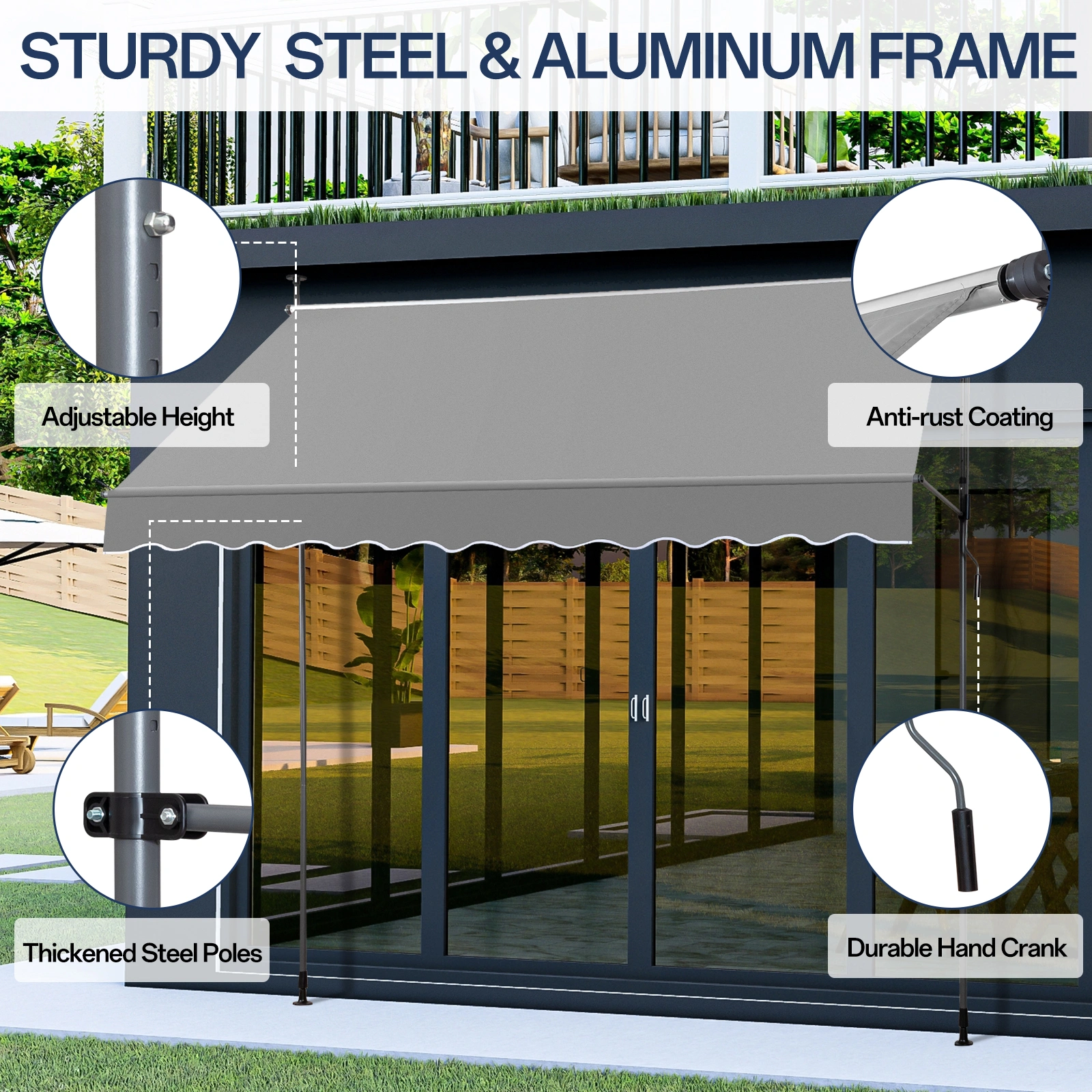 118.1"D x 47.2"W x(78.7 -118.1)"H Retractable Awning Grey view 11