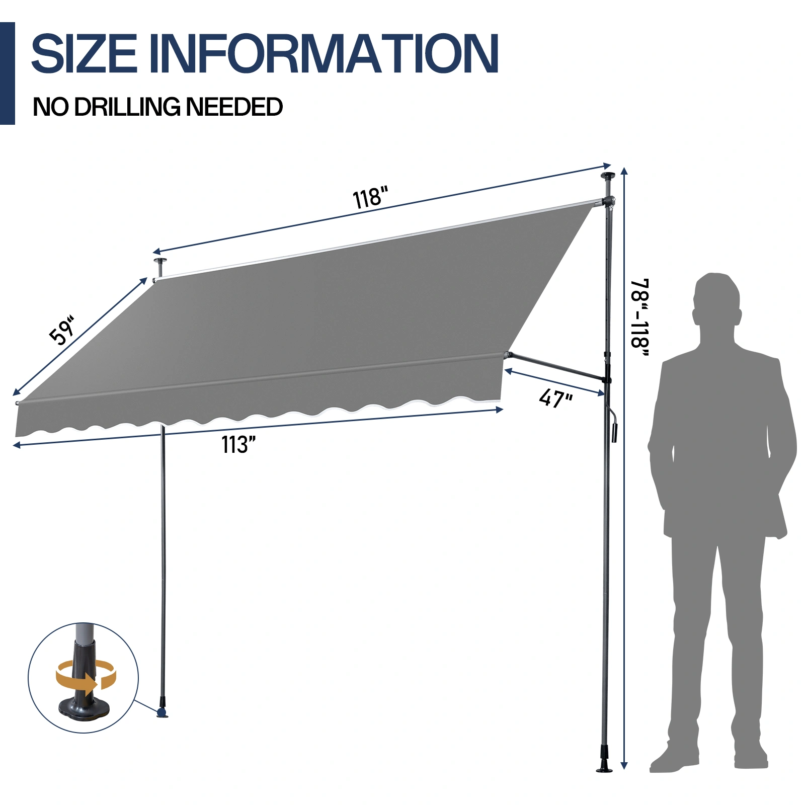 118.1"D x 47.2"W x(78.7 -118.1)"H Retractable Awning Grey view 8