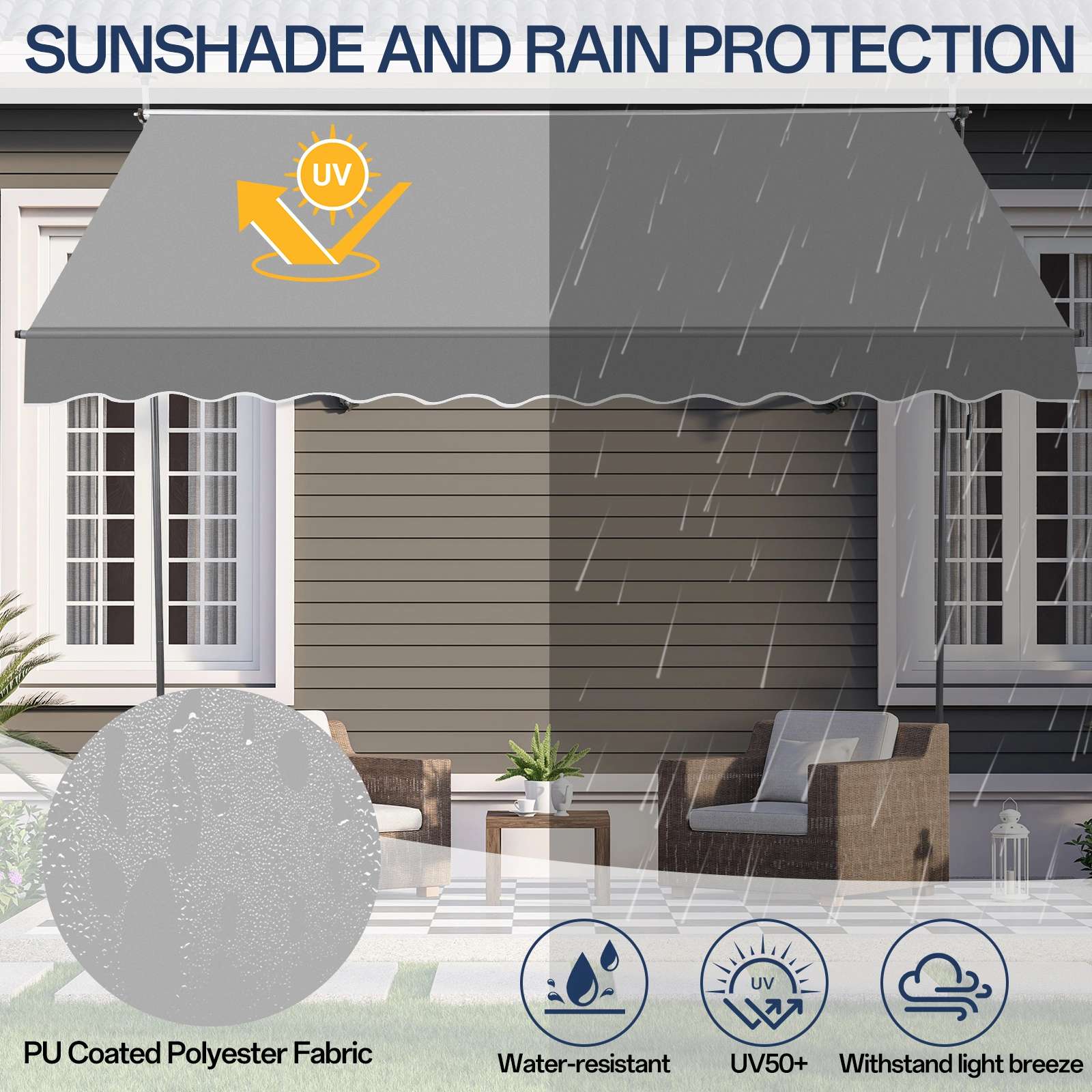 118.1"D x 47.2"W x(78.7 -118.1)"H Retractable Awning Grey view 9