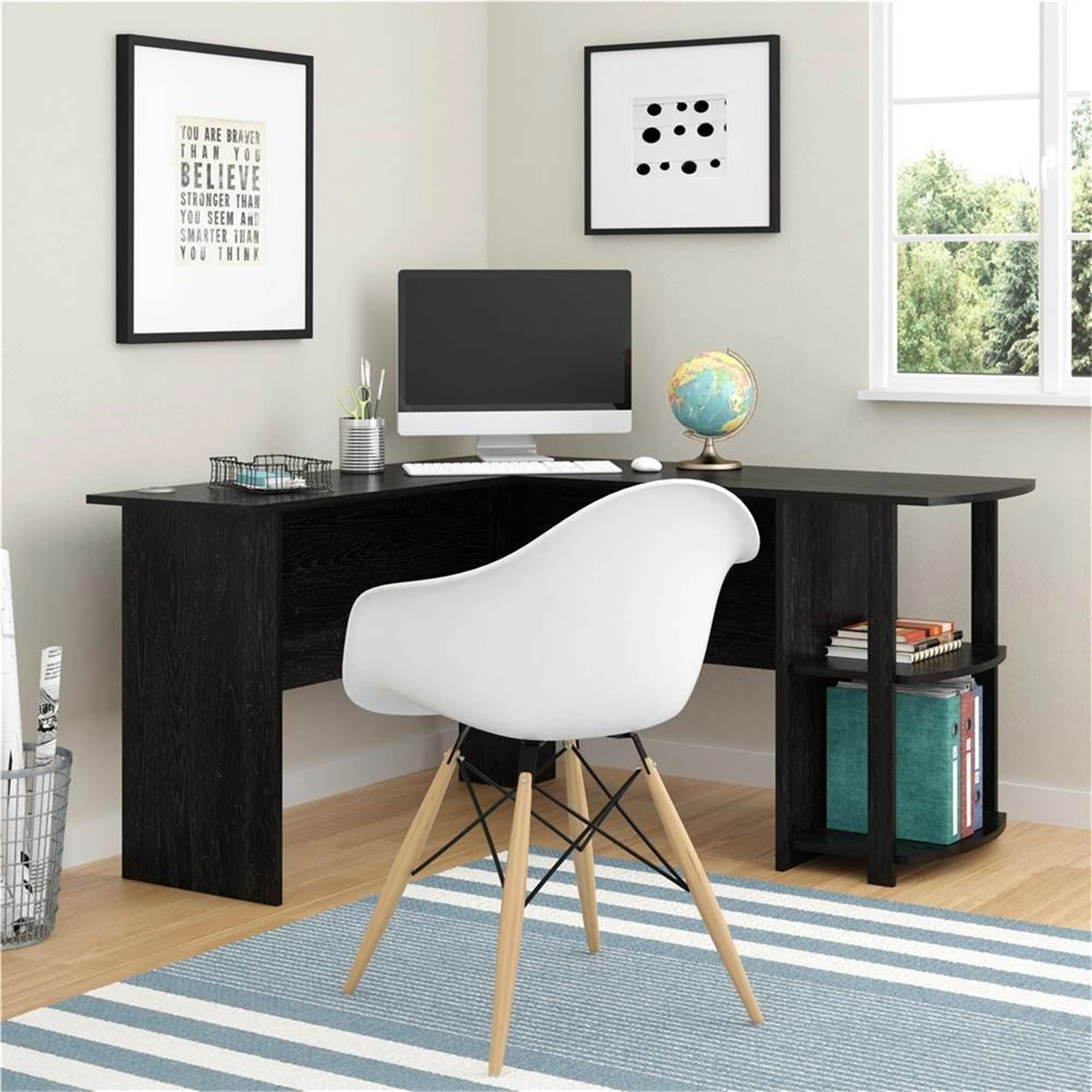 L-Shaped Computer Desk with Two-Tier Bookshelves, Right Angle Wood Office Desk, Black