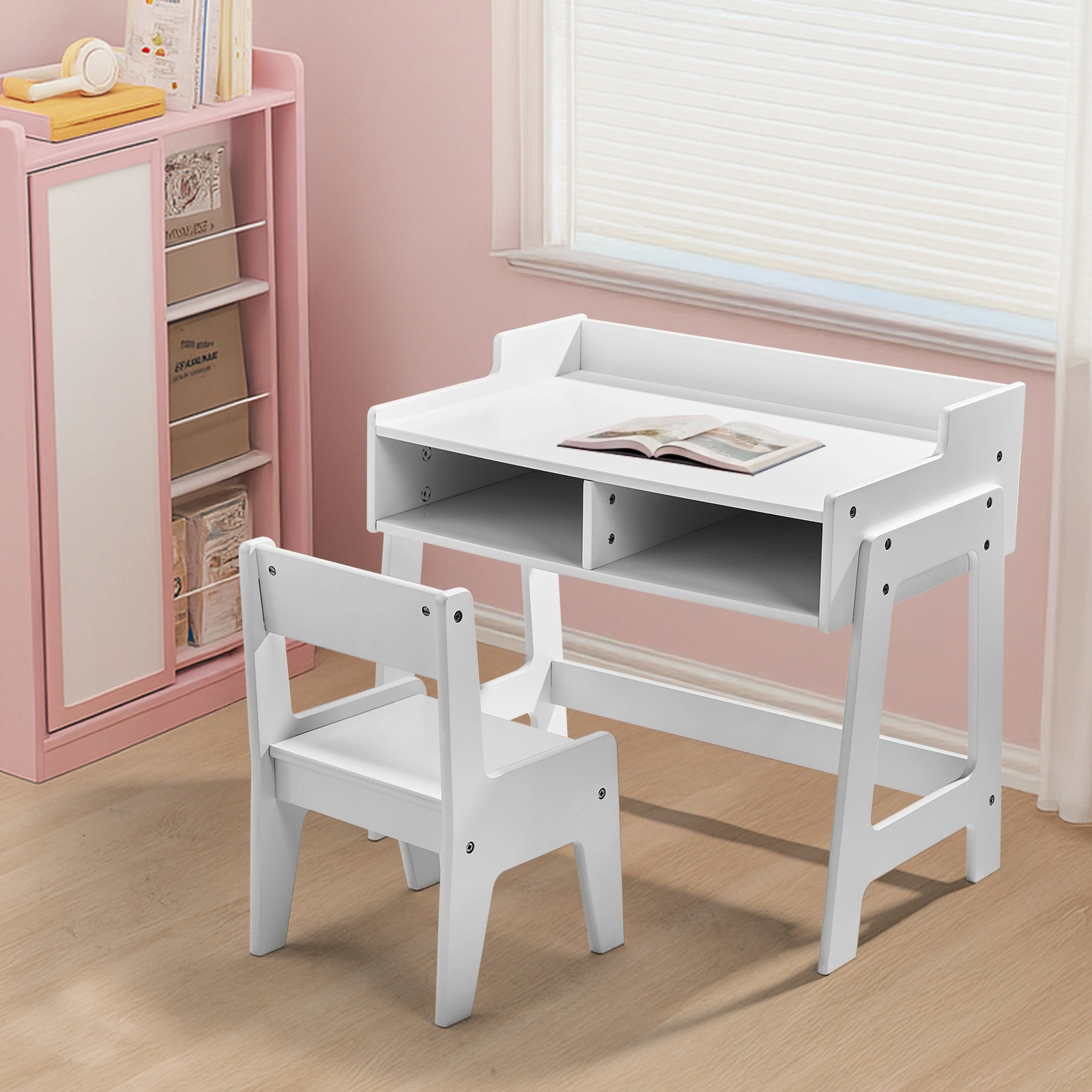 White Kids Study Desk and Chair Set with Storage, MDF, 60.5*41.5*50cm