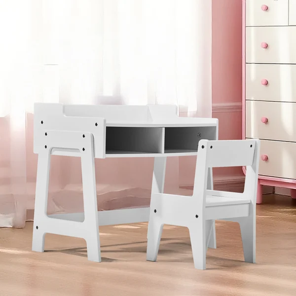 White Kids Study Desk and Chair Set with Storage, MDF, 60.5*41.5*50cm view 2