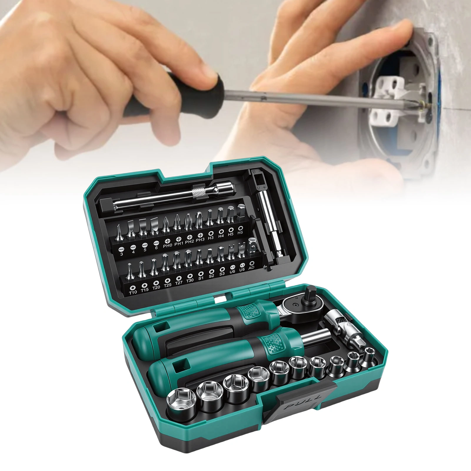 1/4 Inch Ratchet Wrench and Screwdriver Set - 10 Sockets, 24 Bits, 2 Extension Bars, Universal Joint Tool Kit