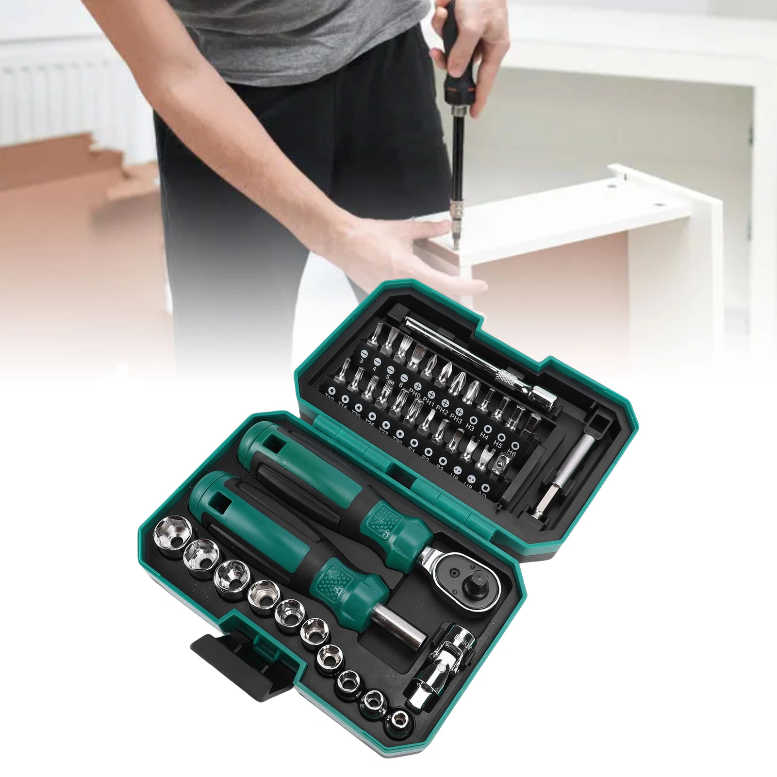 1/4 Inch Ratchet Wrench and Screwdriver Set - 10 Sockets, 24 Bits, 2 Extension Bars, Universal Joint Tool Kit view 3