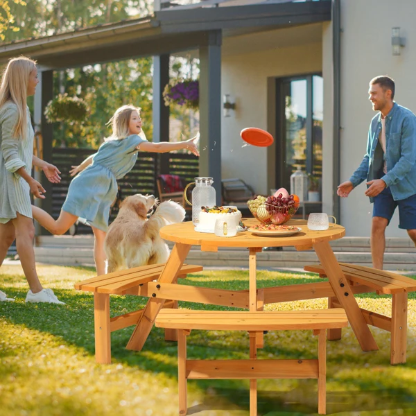 6-Person Outdoor Circular Wooden Picnic Table with 3 Built-In Benches, Outside Table and Bench Set for Porch Backyard Patio Lawn Garden view 6
