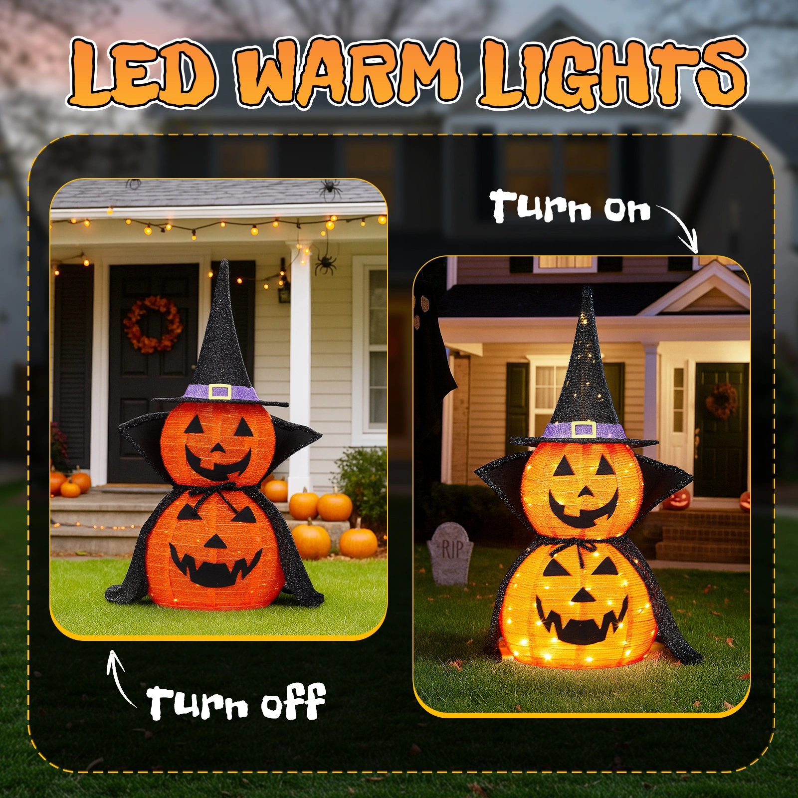 2 Pack 3FT Lighted Pumpkin Decorations, 176 LED Pop-Up Jack-O-Lantern with Cape & Metal Stand, Plug-In Halloween Collapsible Lamp for Indoor Outdoor Patio Yard Party Decor view 10