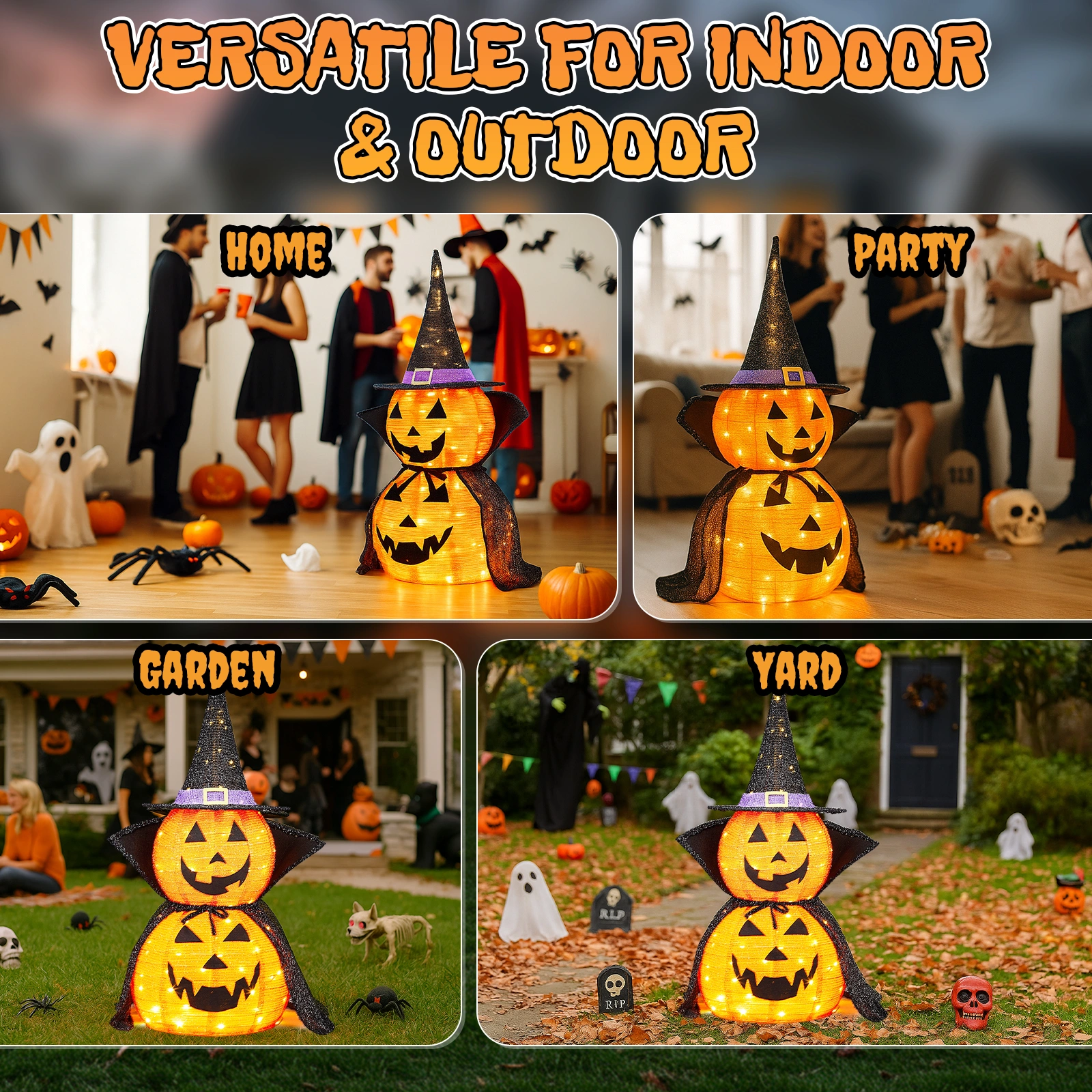 2 Pack 3FT Lighted Pumpkin Decorations, 176 LED Pop-Up Jack-O-Lantern with Cape & Metal Stand, Plug-In Halloween Collapsible Lamp for Indoor Outdoor Patio Yard Party Decor view 12