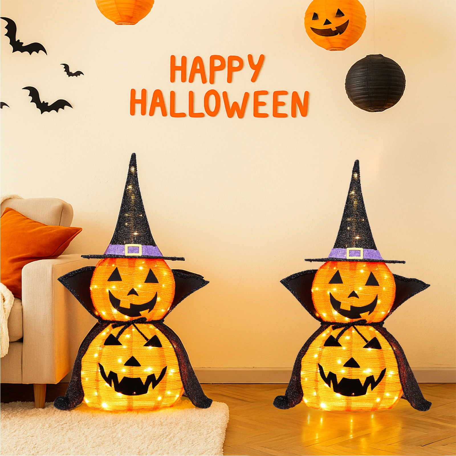 2 Pack 3FT Lighted Pumpkin Decorations, 176 LED Pop-Up Jack-O-Lantern with Cape & Metal Stand, Plug-In Halloween Collapsible Lamp for Indoor Outdoor Patio Yard Party Decor view 13